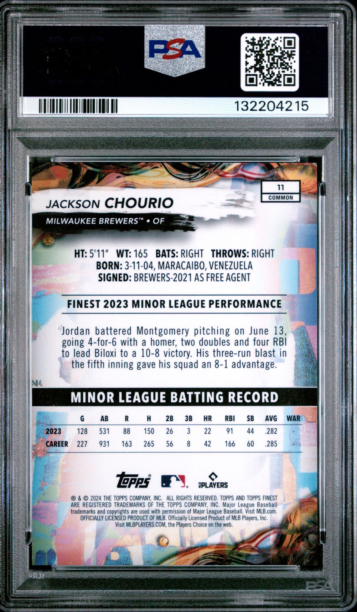 2024 Topps Finest Jackson Chourio #11 (Sky Blue Refractor) Mint 9 back