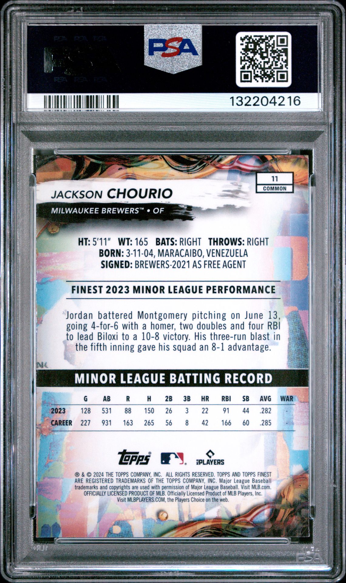 2024 Topps Finest Jackson Chourio #11 (Checkerboard Refractor) Mint 9 back
