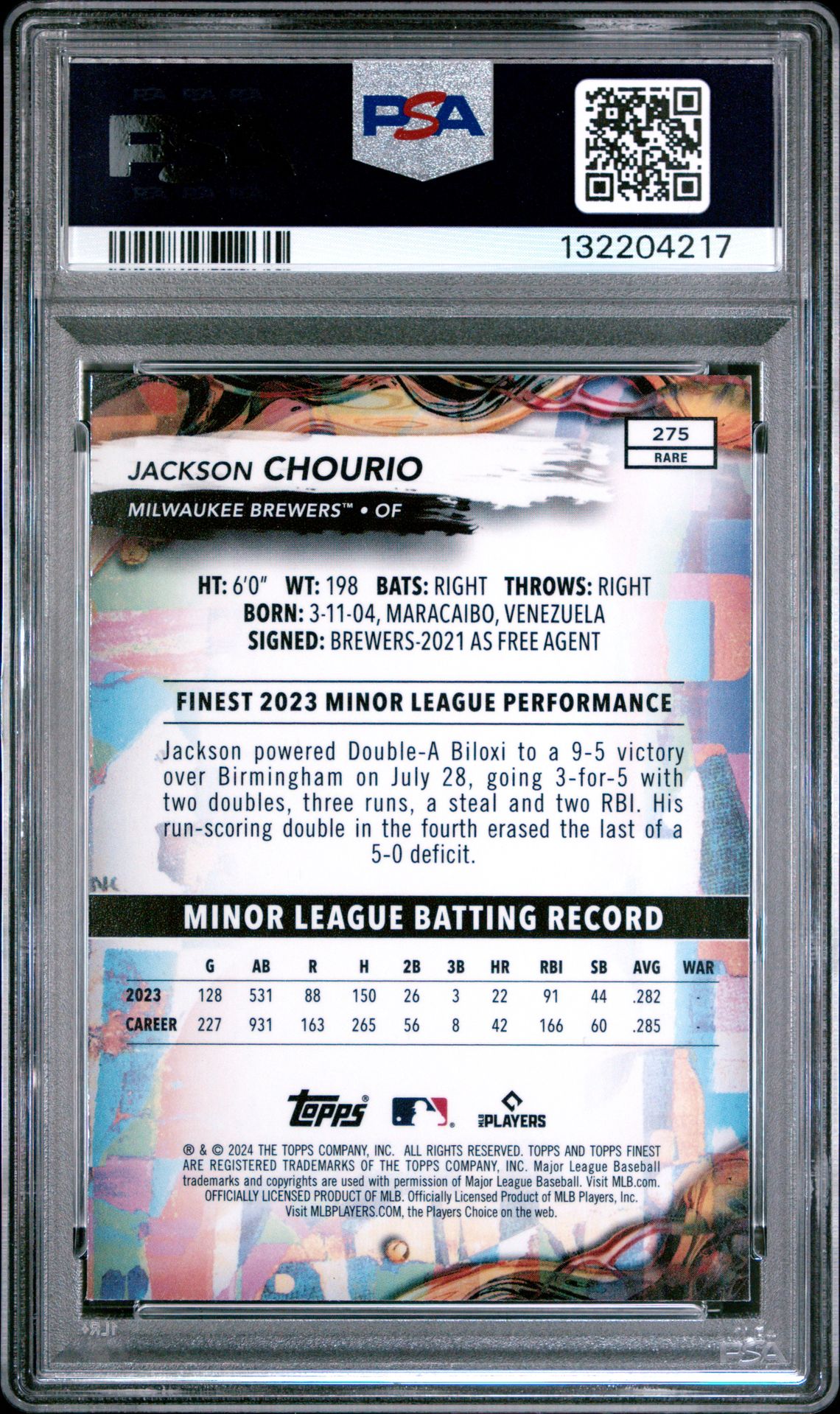 2024 Topps Finest Jackson Chourio #275 Mint 9 back