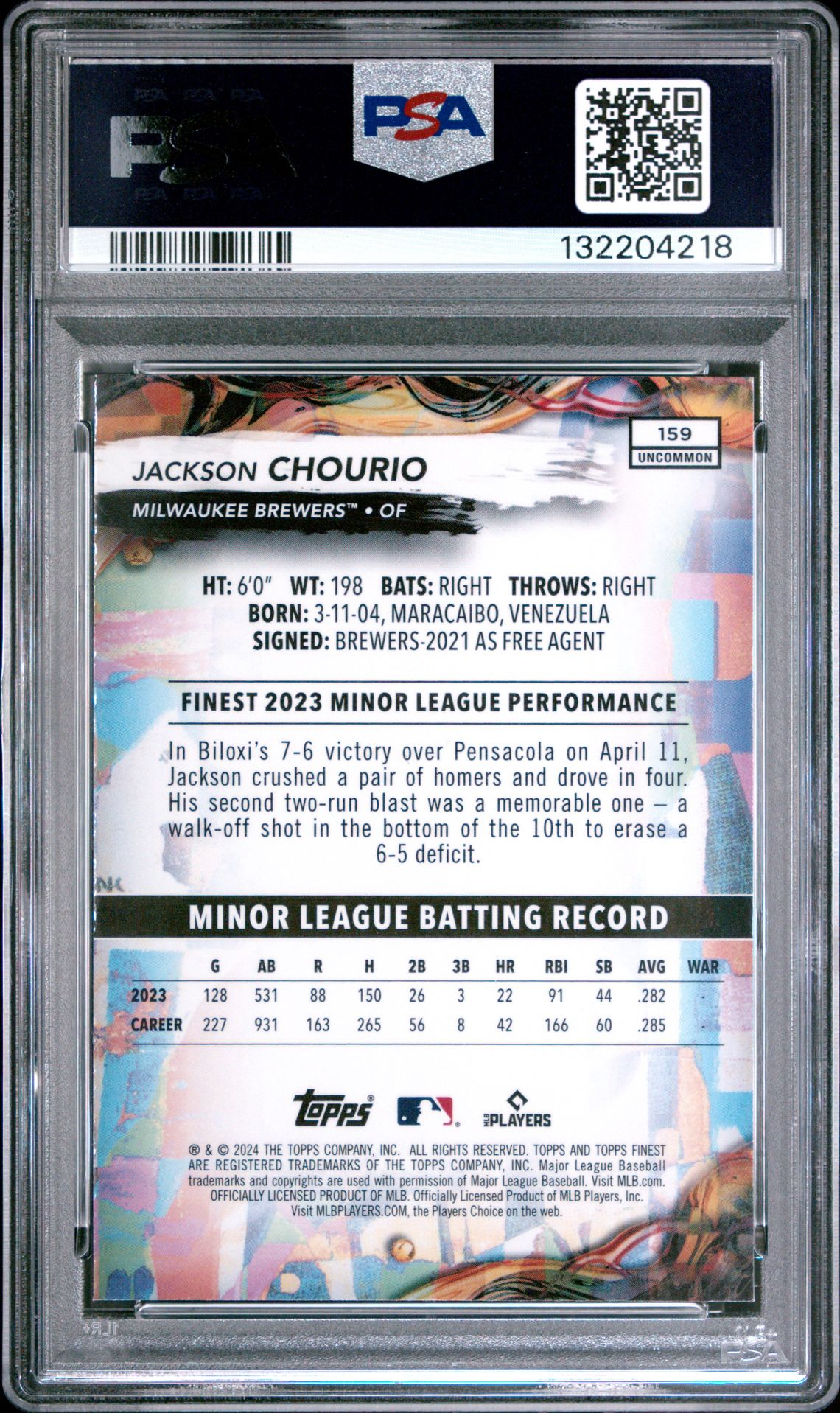 2024 Topps Finest Jackson Chourio #159 Gem Mt 10 back