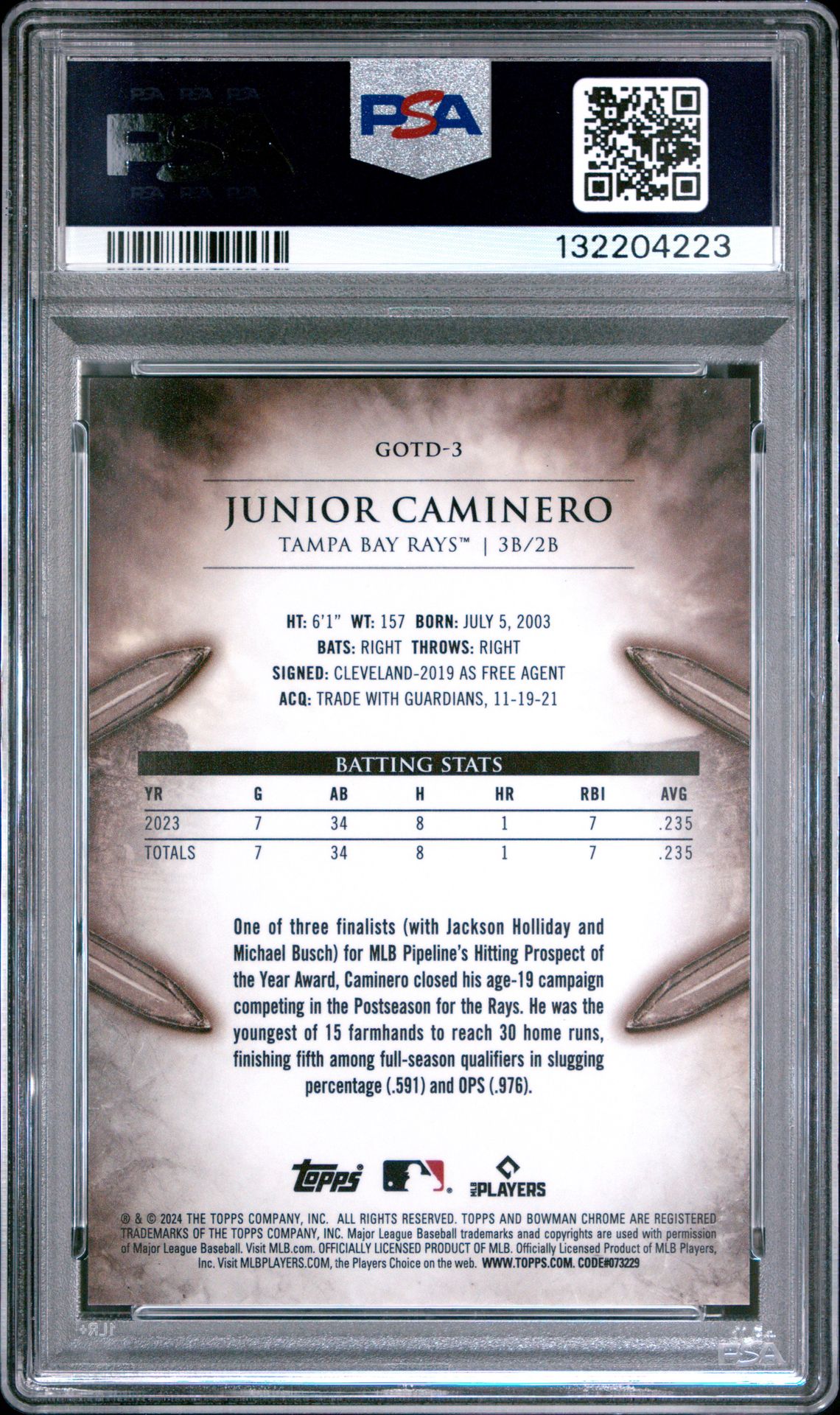 2024 Bowman Gladiators Of The Diamond Junior Caminero #Gotd3 Gem Mt 10 back