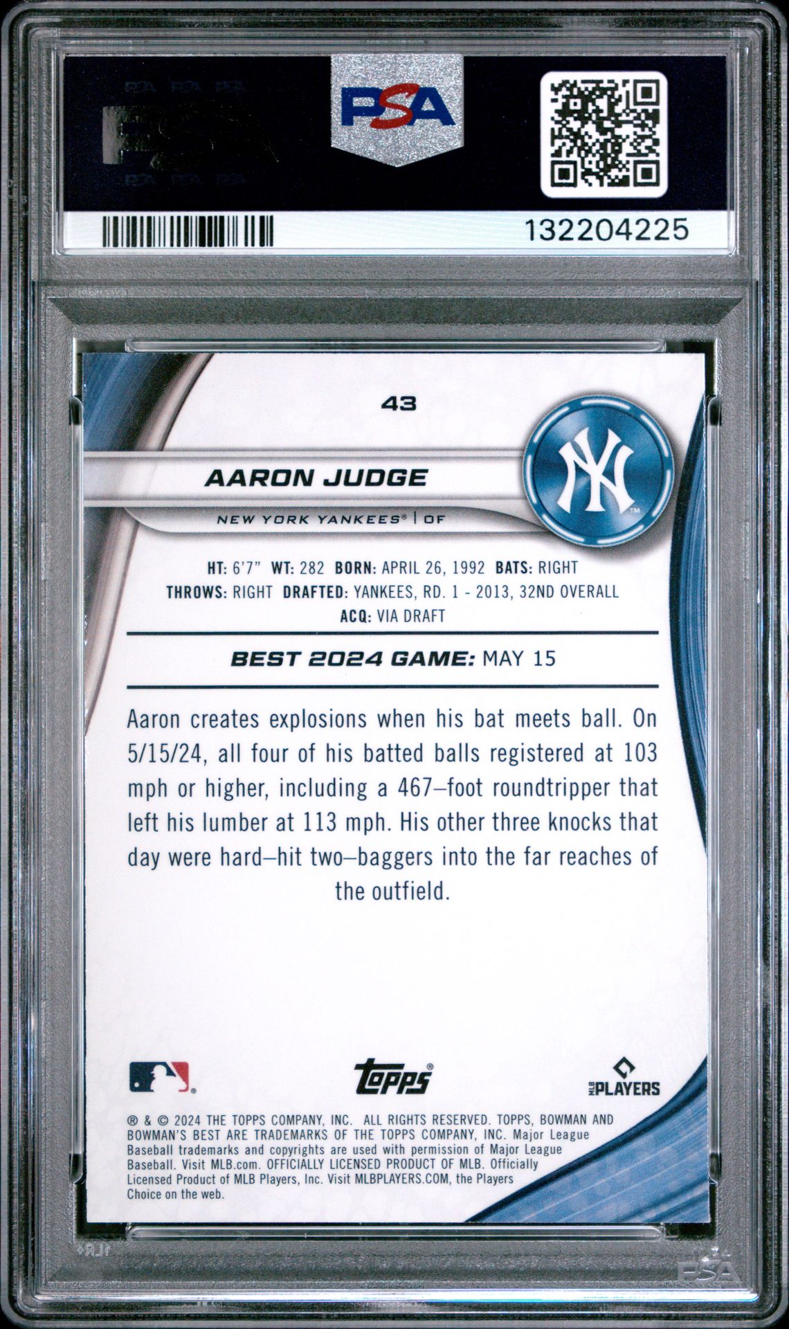 2024 Bowman's Best Aaron Judge #43 (Mini Diamond) Gem Mt 10 back