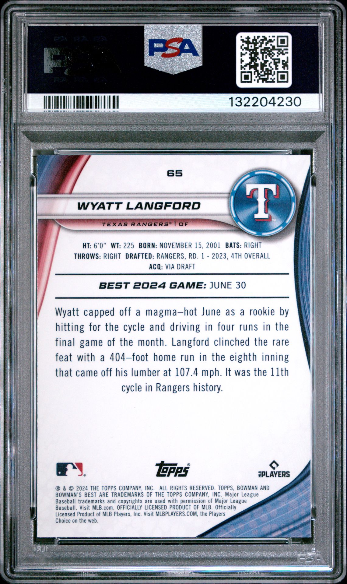 2024 Bowman's Best Wyatt Langford #65 (Purple Refractor) Gem Mt 10 back