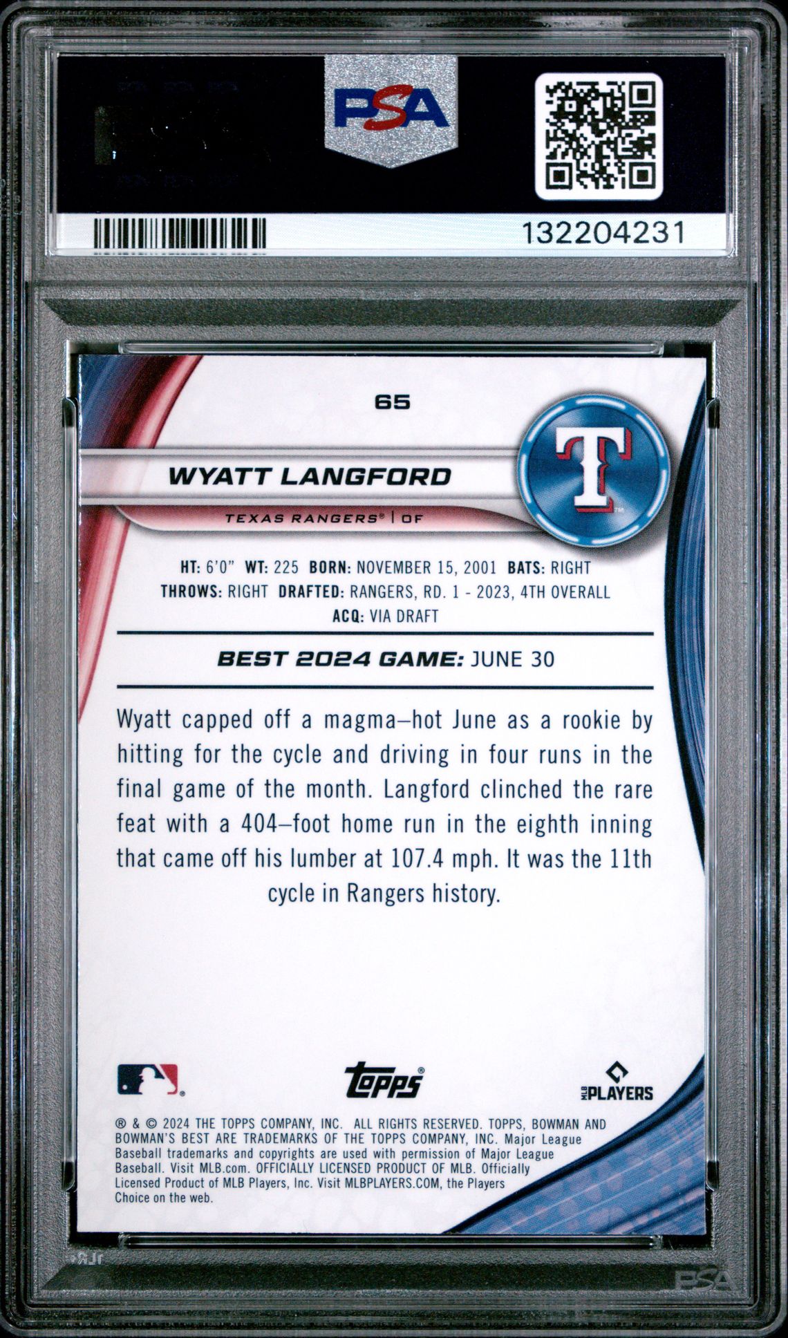 2024 Bowman's Best Wyatt Langford #65 (Wave) Gem Mt 10 back