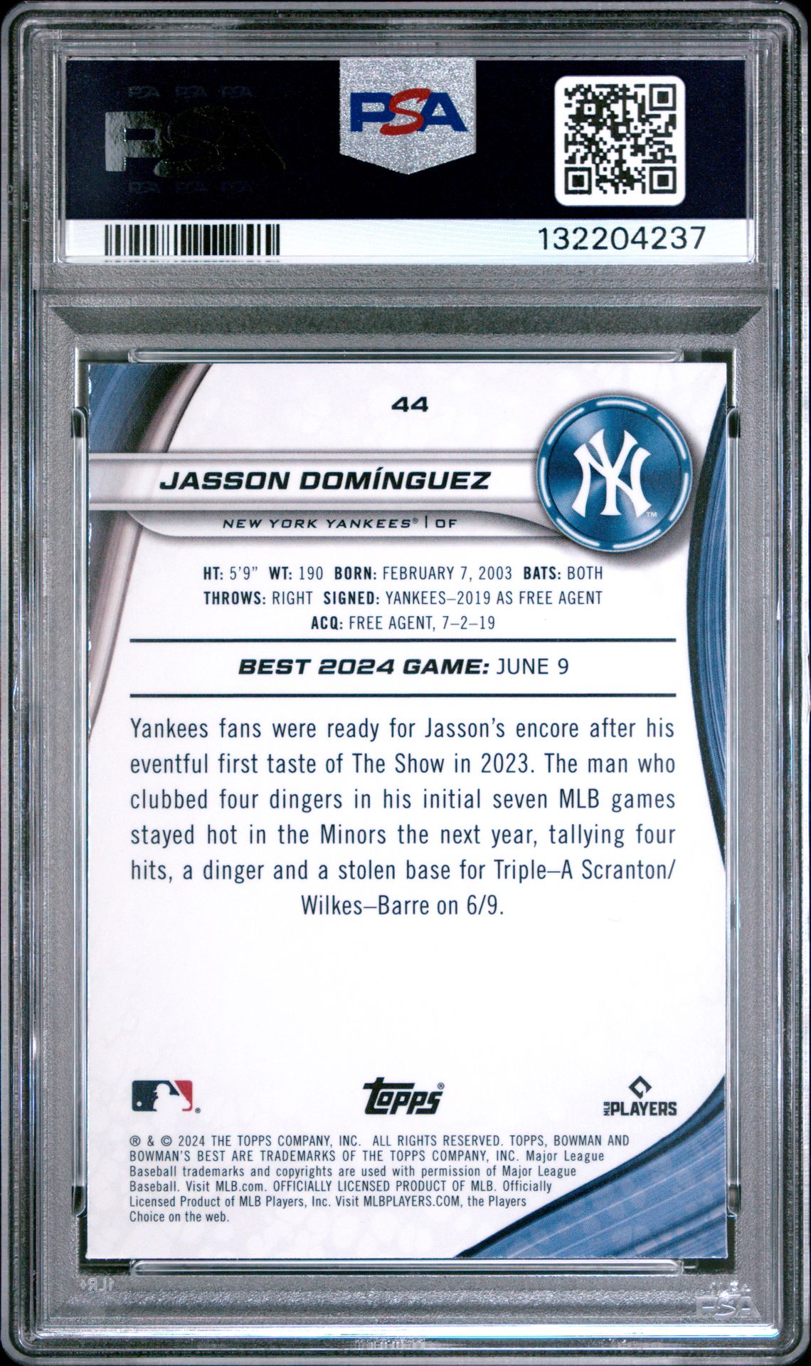 2024 Bowman's Best Jasson Dominguez #44 (Wave) Gem Mt 10 back