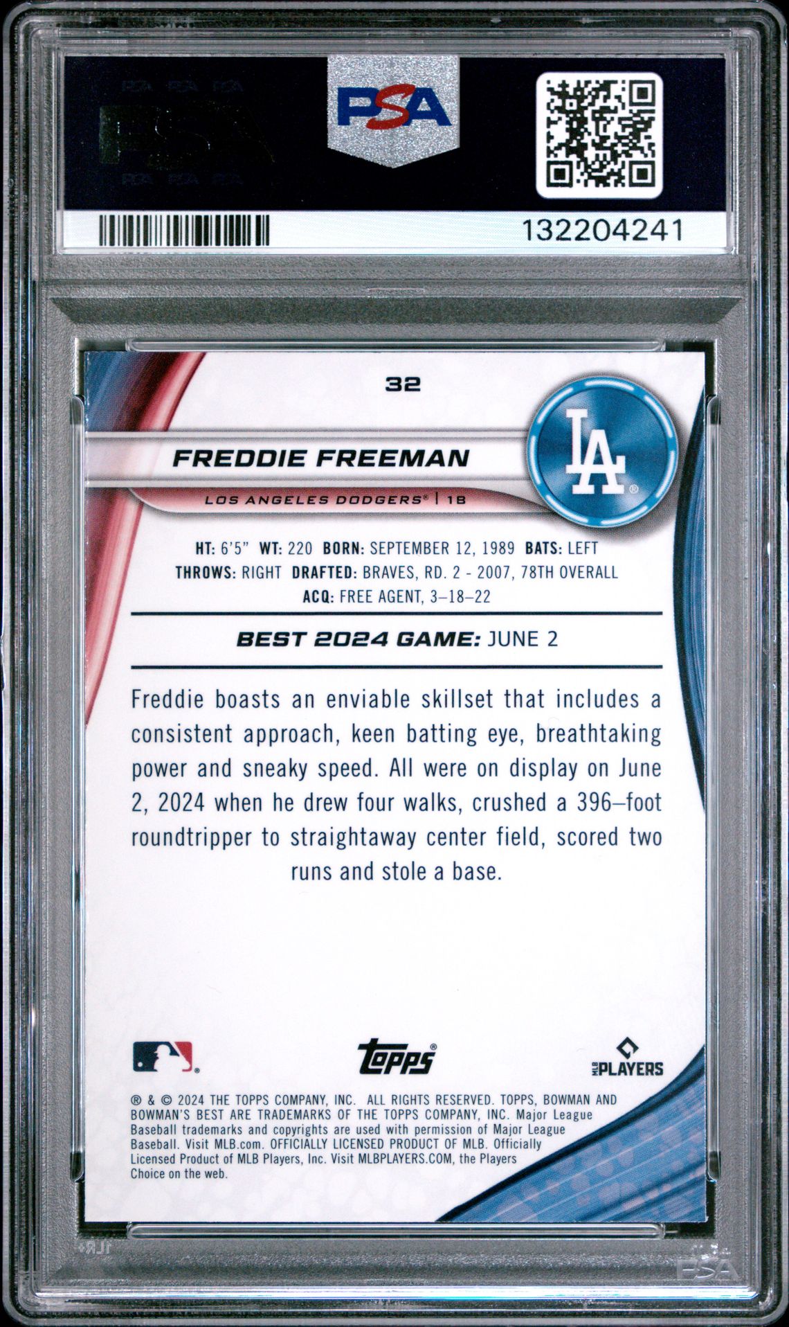 2024 Bowman's Best Freddie Freeman #32 (Yellow Lazer) Gem Mt 10 back