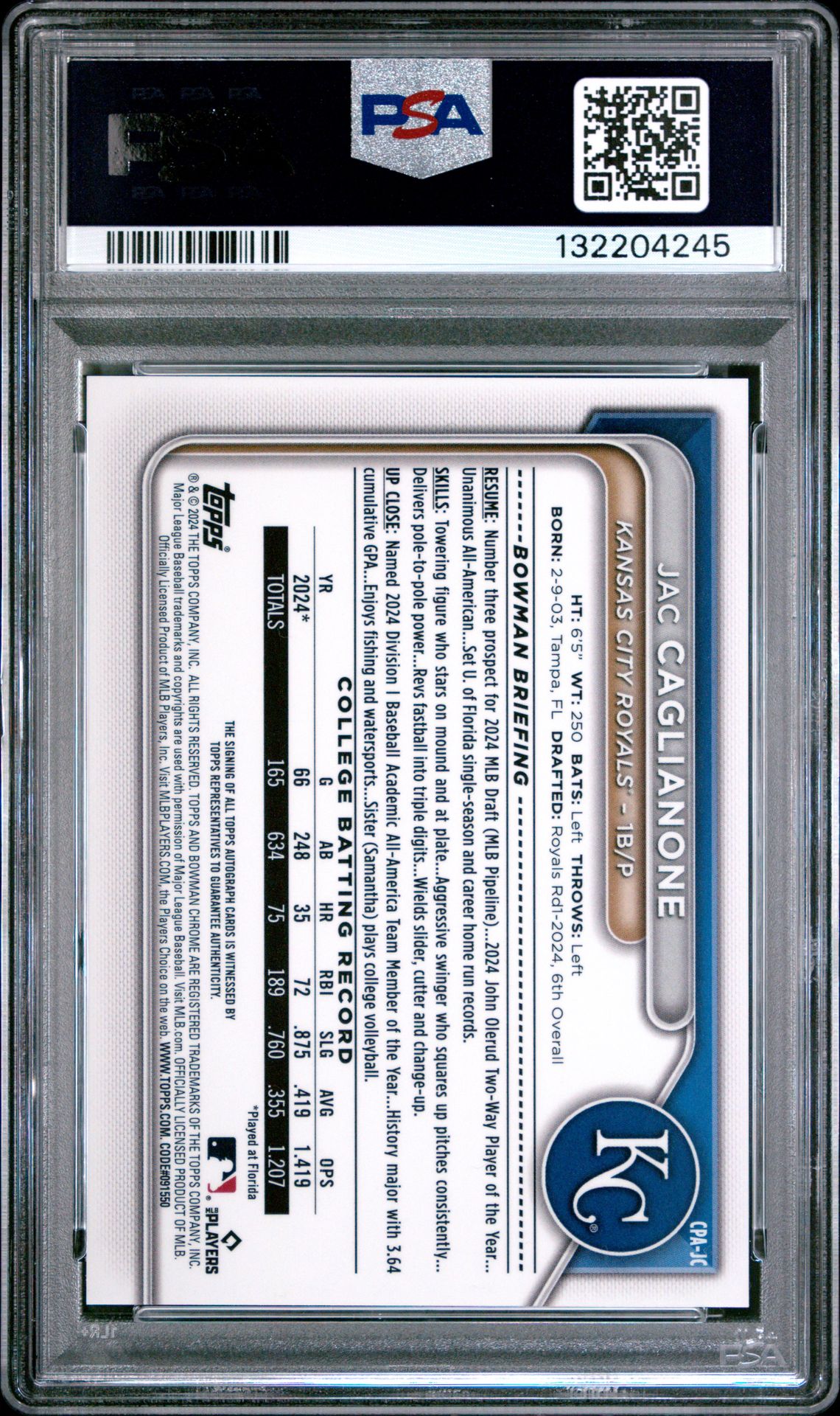 2024 Bowman Draft Chrome Prospect Autographs Jac Caglianone #Cpajc Gem Mt 10 back