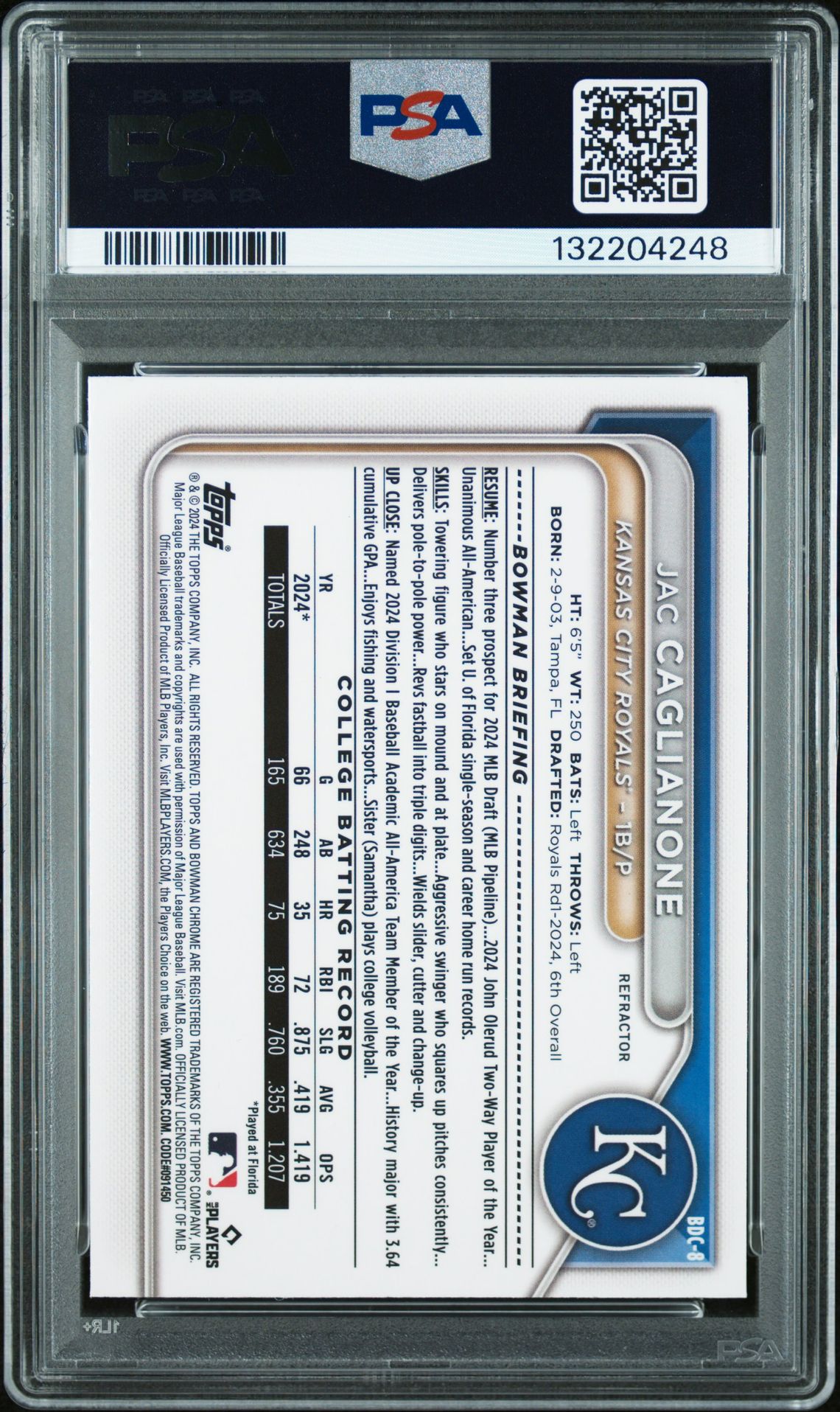 2024 Bowman Draft Jac Caglianone #Bdc8 (Chrome-Refractor) Mint 9 back