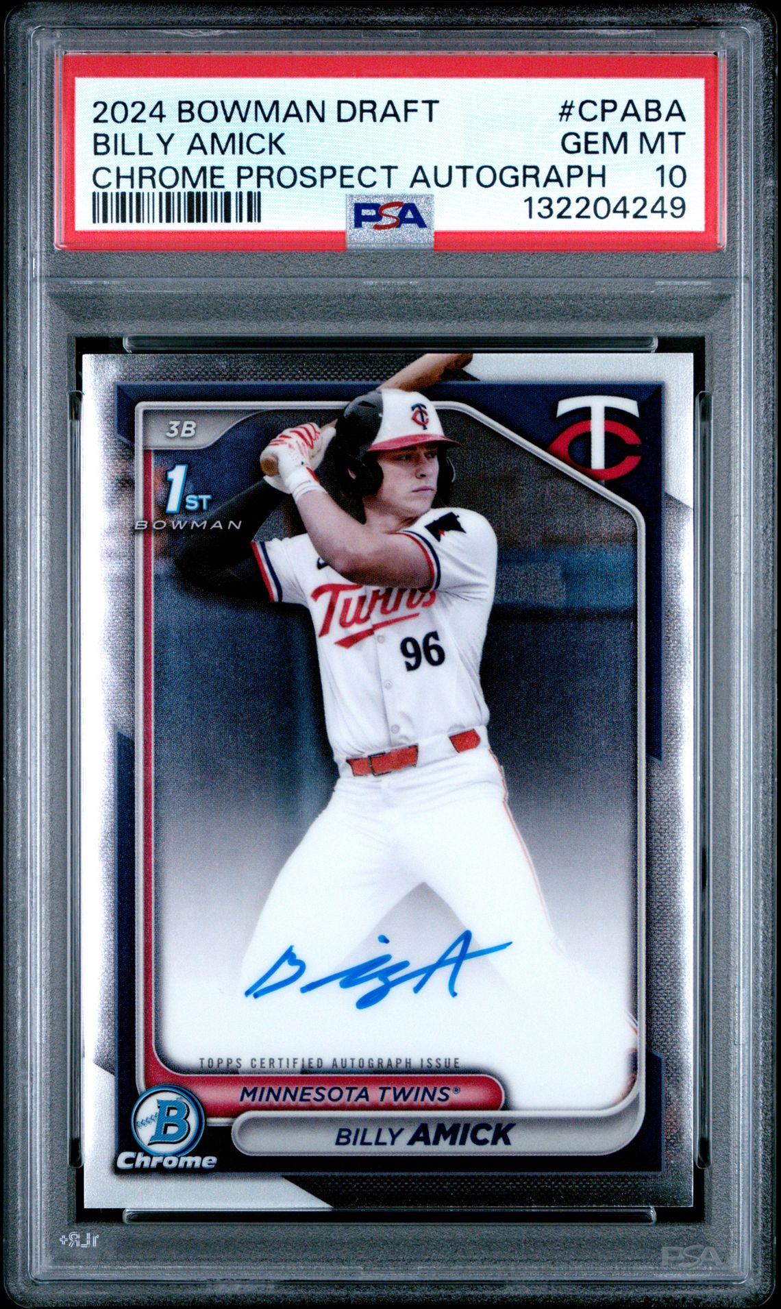 2024 Bowman Draft Chrome Prospect Autographs Billy Amick #Cpaba Gem Mt 10 front