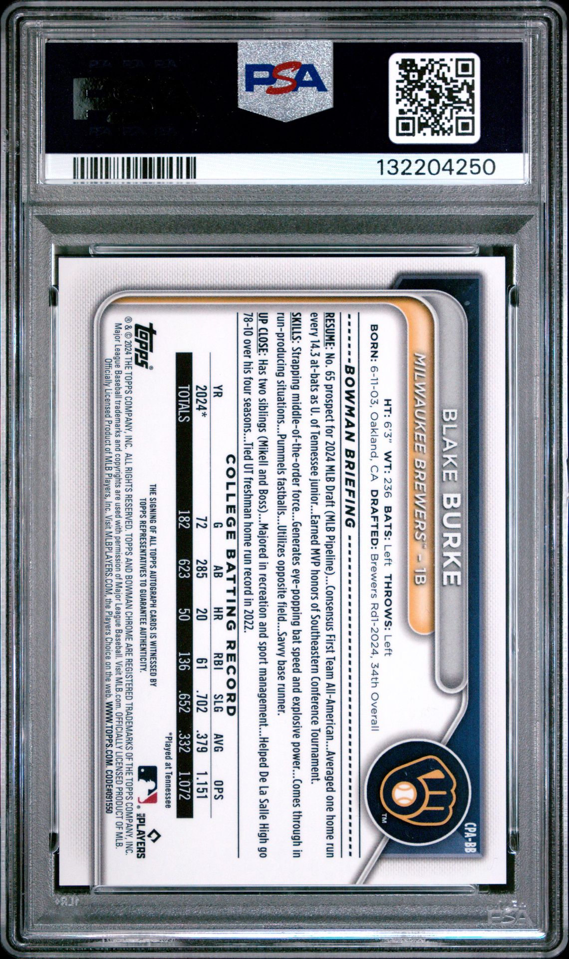 2024 Bowman Draft Chrome Prospect Autographs Blake Burke #Cpabb Gem Mt 10 back