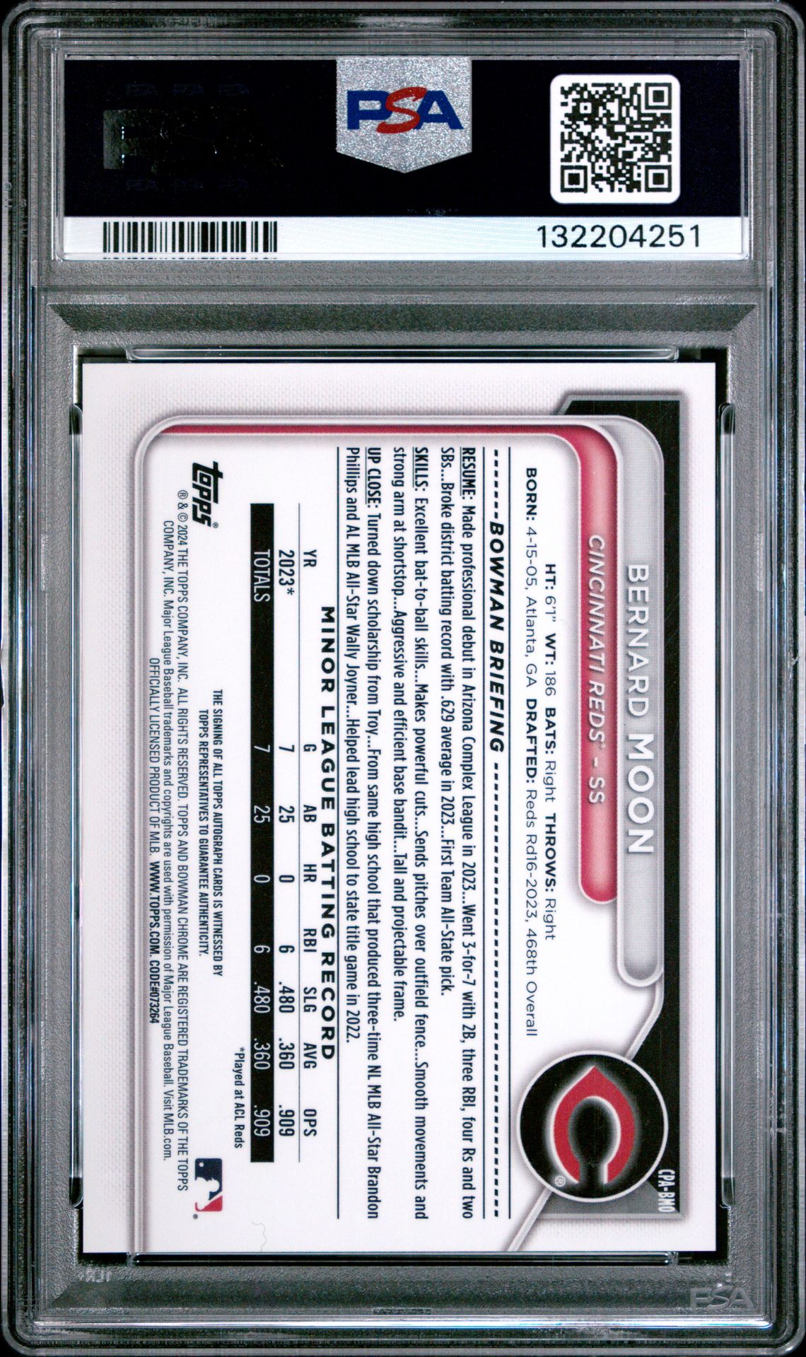 2024 Bowman Chrome Prospect Autographs Bernard Moon #Cpabmo (Prospect Auto-Yellow Ref) Mint 9 back