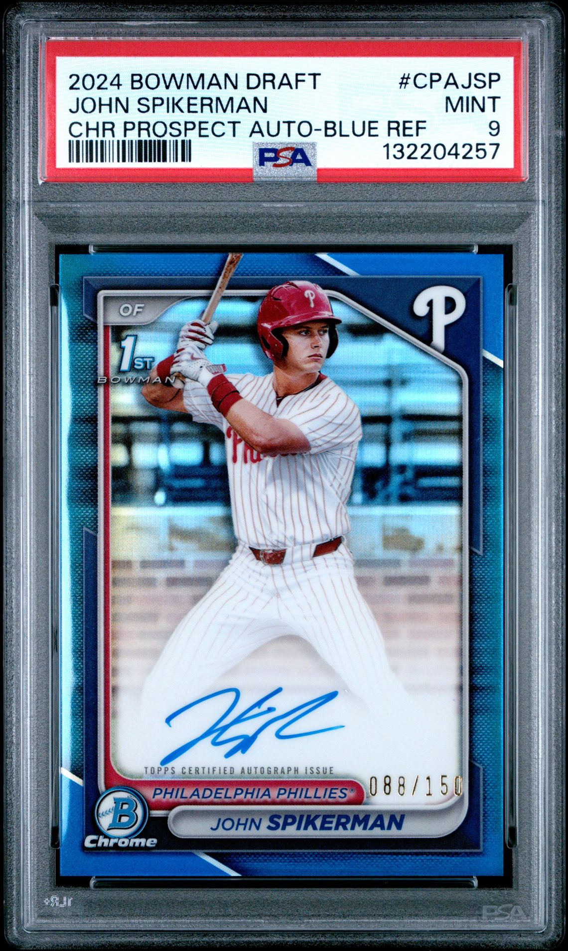 2024 Bowman Draft Chrome Prospect Autographs John Spikerman #Cpajsp (Chr Prospect Auto-Blue Ref) Mint 9 front