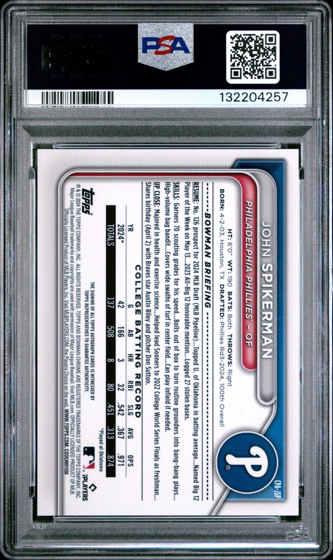 2024 Bowman Draft Chrome Prospect Autographs John Spikerman #Cpajsp (Chr Prospect Auto-Blue Ref) Mint 9 back