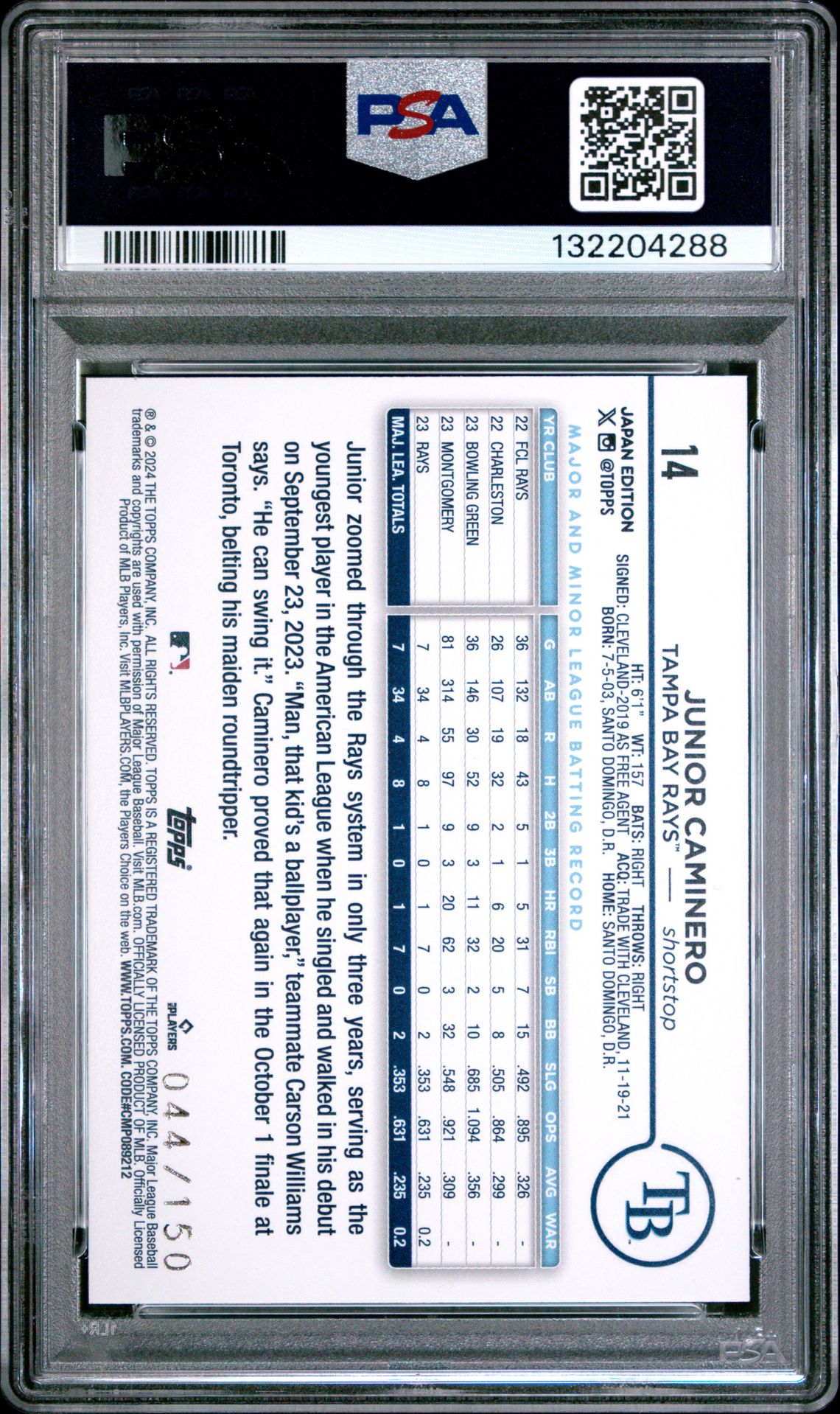 2024 Topps Baseball Japan Edition Junior Caminero #14 (Blue) Gem Mt 10 back