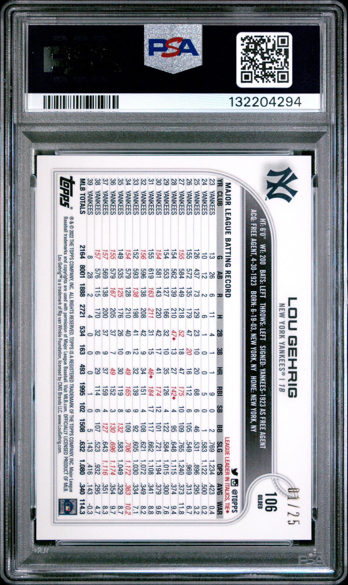 2022 Topps Gilded Collection Lou Gehrig #106 (Raywave Gold Etch) Gem Mt 10 back