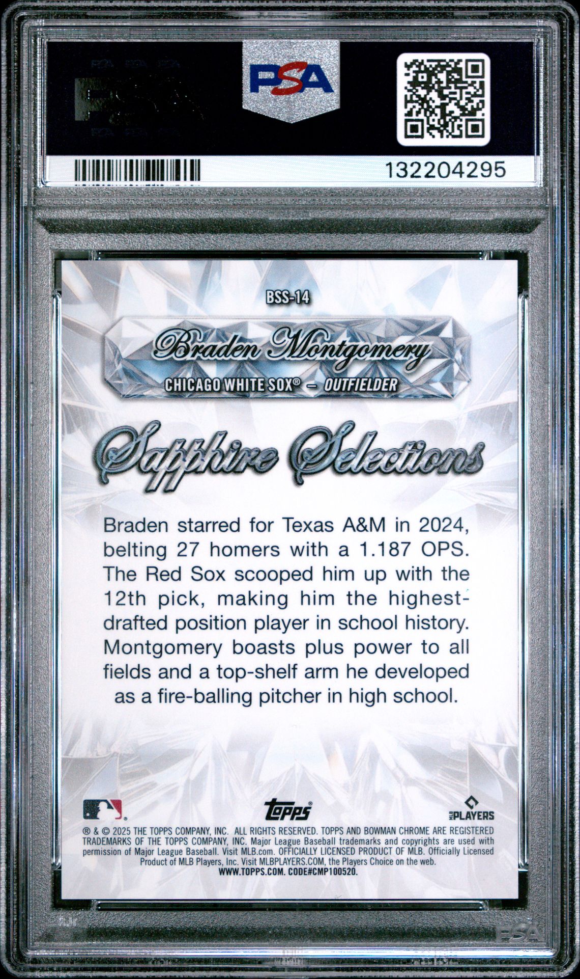 2025 Bowman Sapphire Edition Sapphire Selections Braden Montgomery #Bss14 (Sapphire Selections-Gold Ref) Gem Mt 10 back