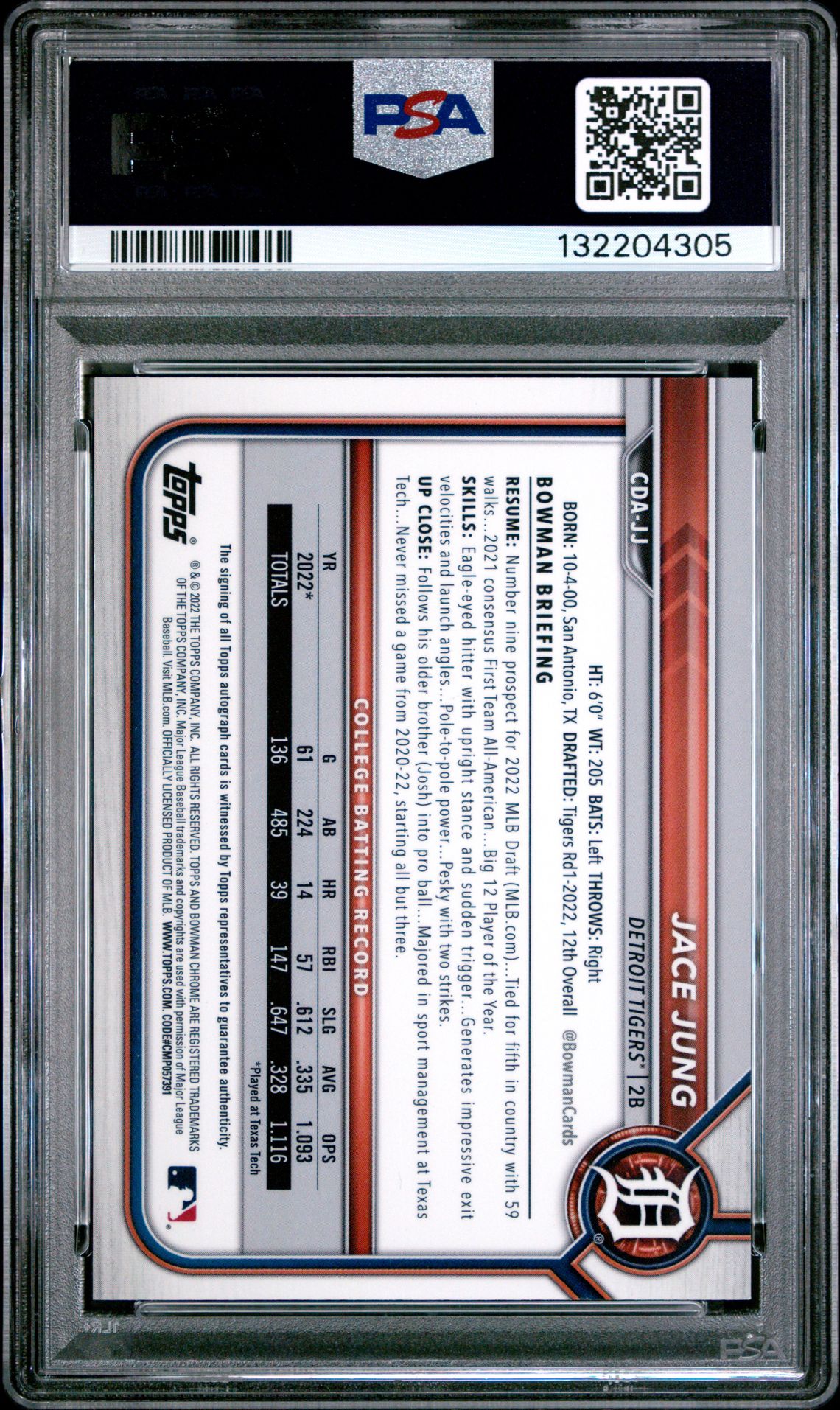 2022 Bowman Draft Chrome Draft Pick Autographs Jace Jung #Cdajj (Chr.dp Auto-Purple Ref.) Mint 9 back