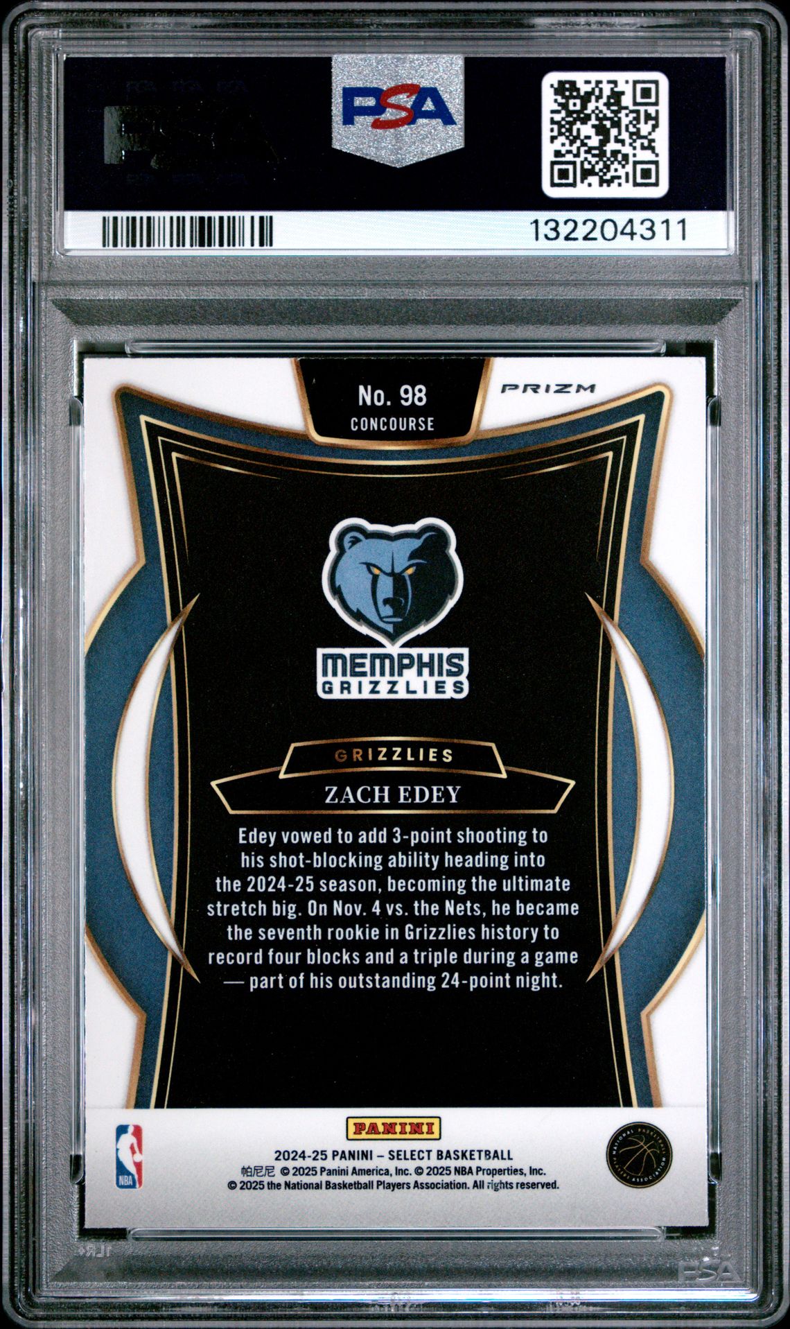 2024 Panini Select Zach Edey #98 (Silver Prizm) Mint 9 back