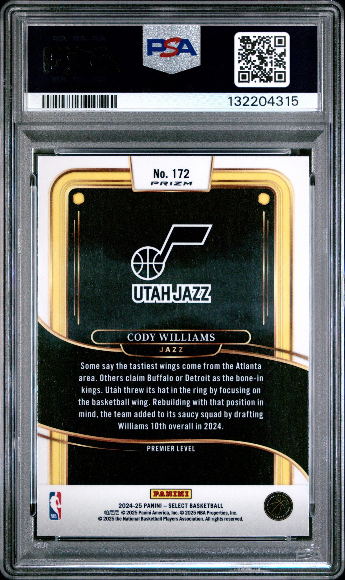 2024 Panini Select Cody Williams #172 (Red Wave) Gem Mt 10 back