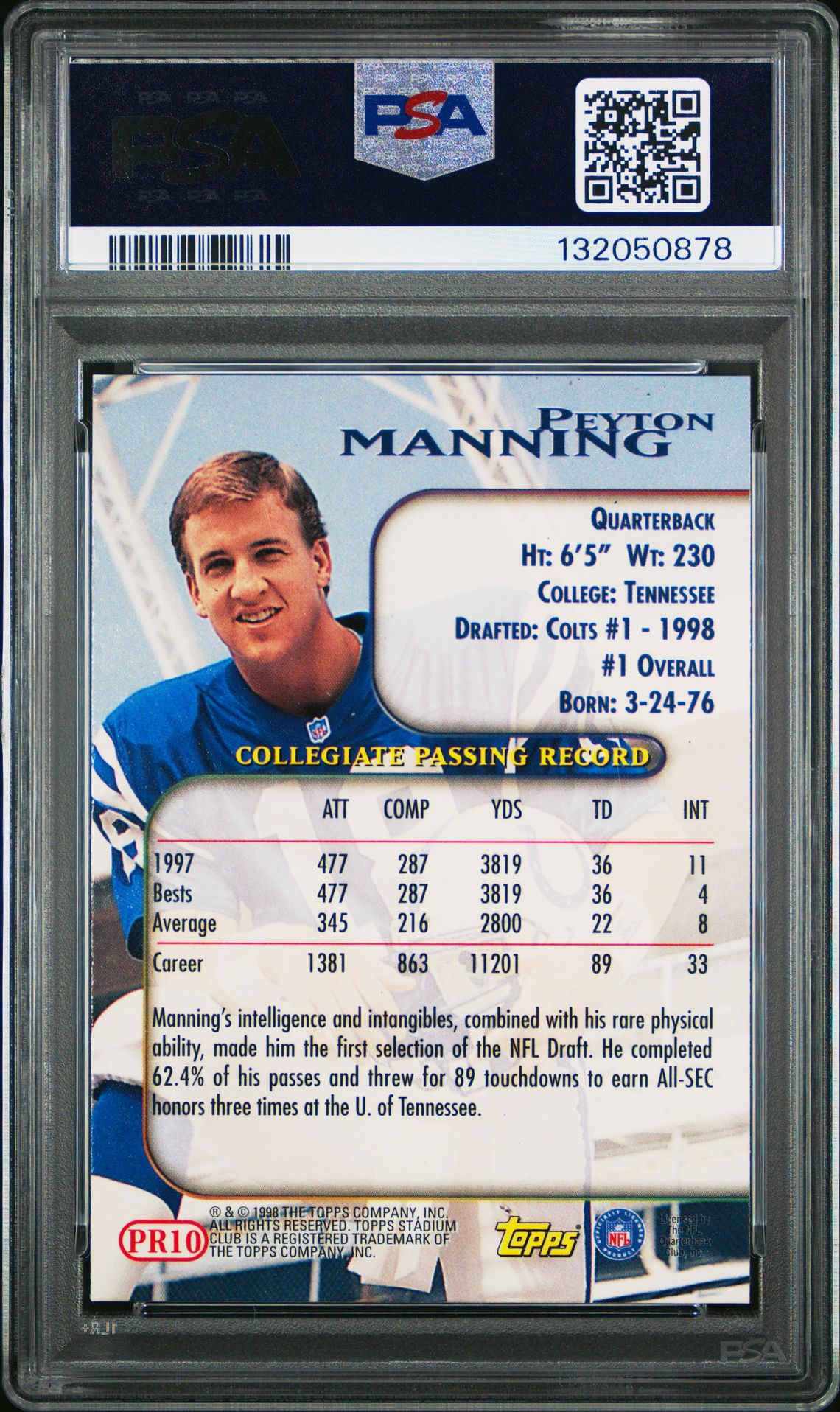 1998 Stadium Club Prime Rookies Peyton Manning #Pr10 (Prime Rookies) Mint 9 back