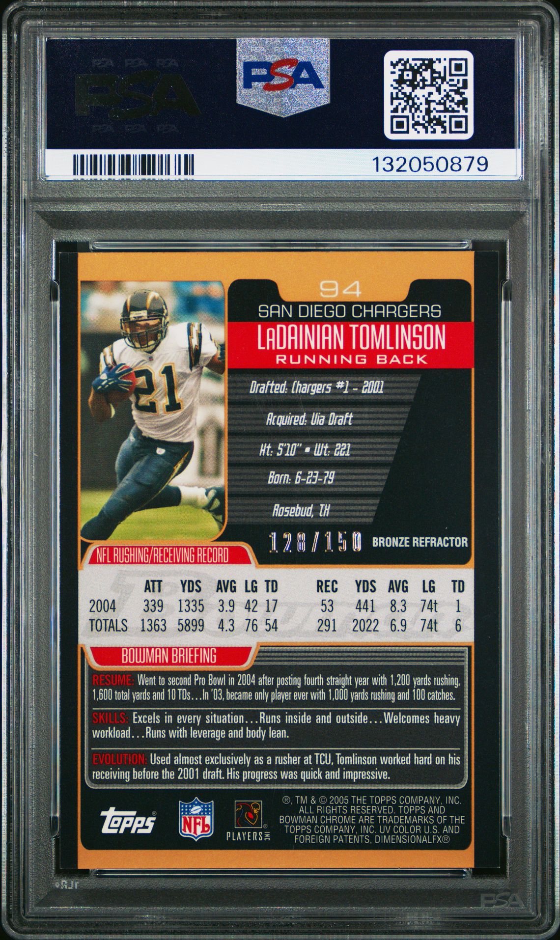 2005 Bowman Chrome Ladainian Tomlinson #94 (Bronze Refractor) Mint 9 back