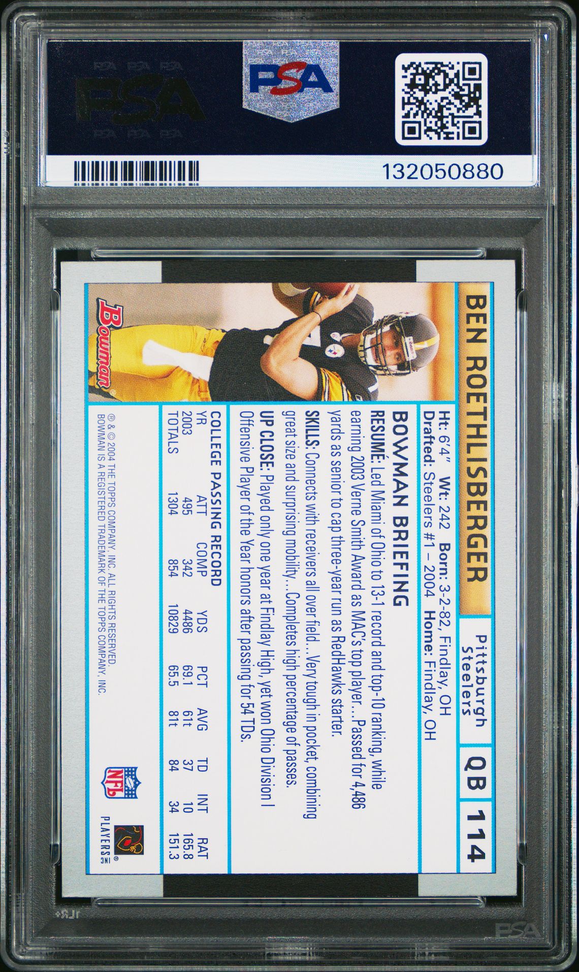2004 Bowman Ben Roethlisberger #114 Mint 9 back