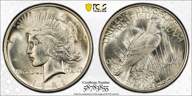 1921 $1 High Relief, Peace MS62