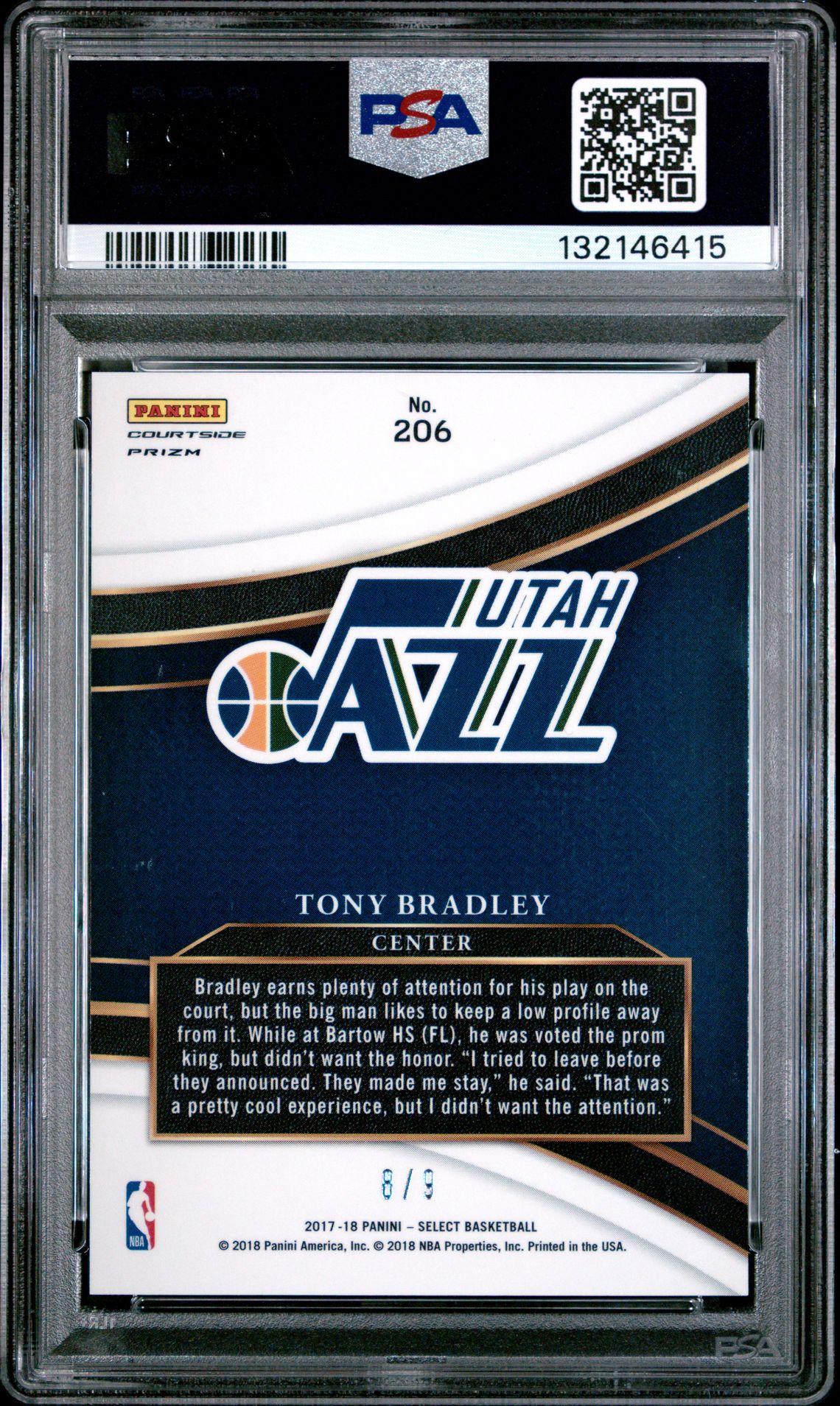 2017 Panini Select Tony Bradley #206 (Neon Orange Pulsar Prizm) Mint 9 back