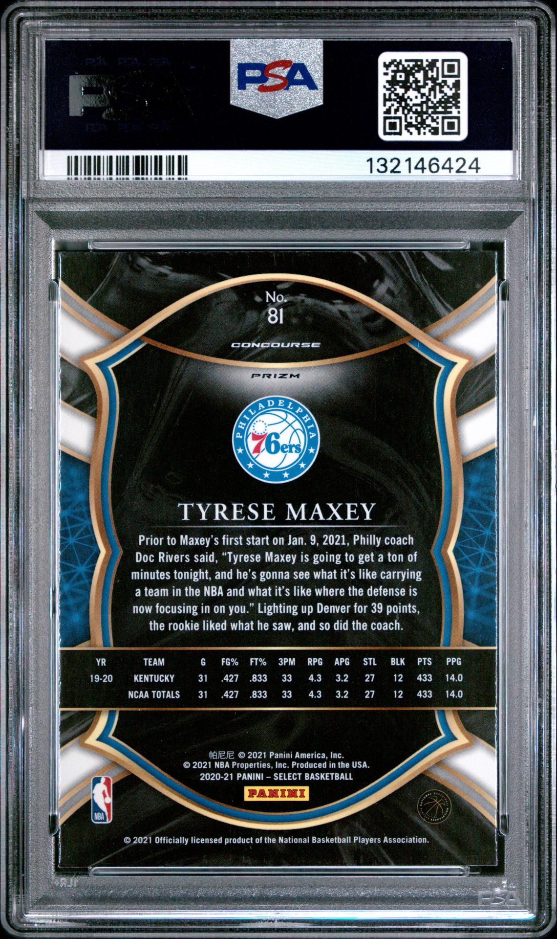 2020 Panini Select Tyrese Maxey #81 (Silver Prizm) Gem Mt 10 back