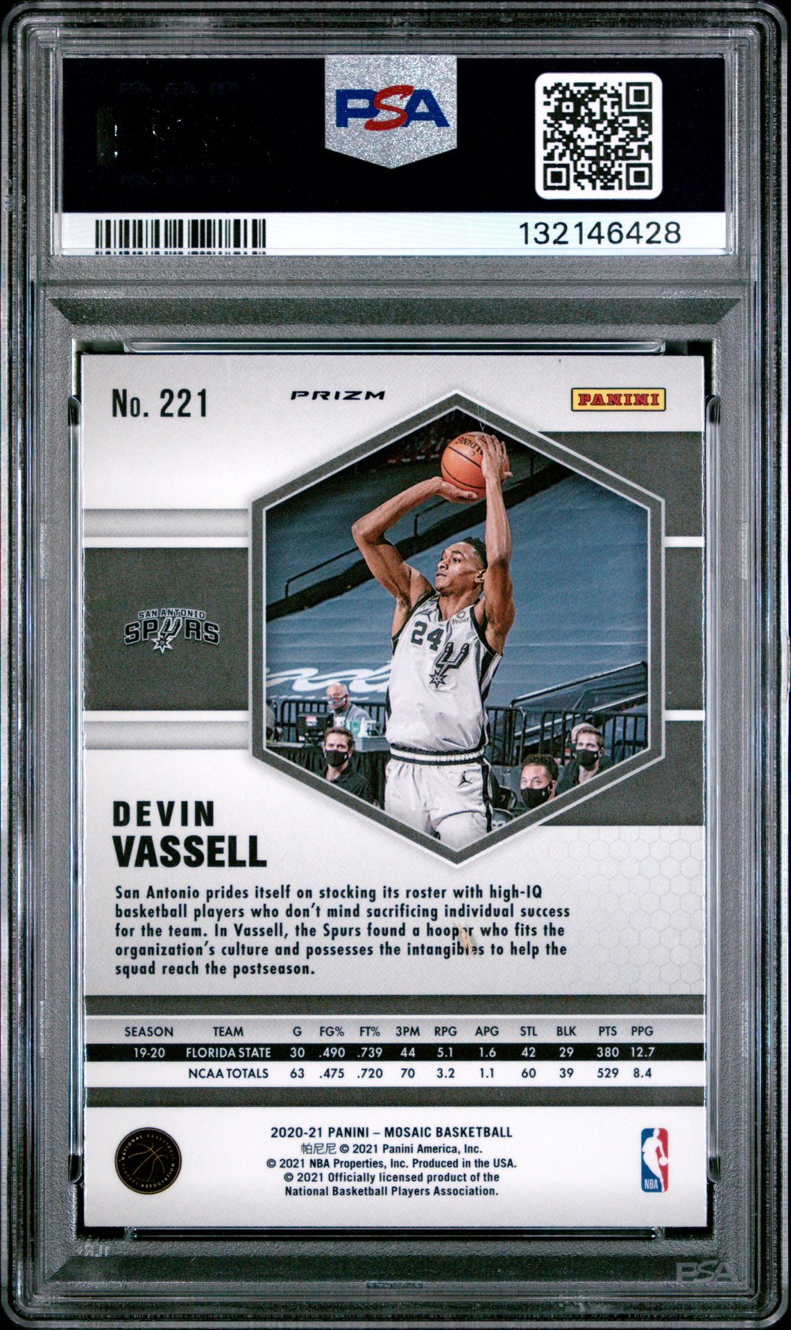 2020 Panini Mosaic Devin Vassell #221 (Reactive Yellow) Gem Mt 10 back