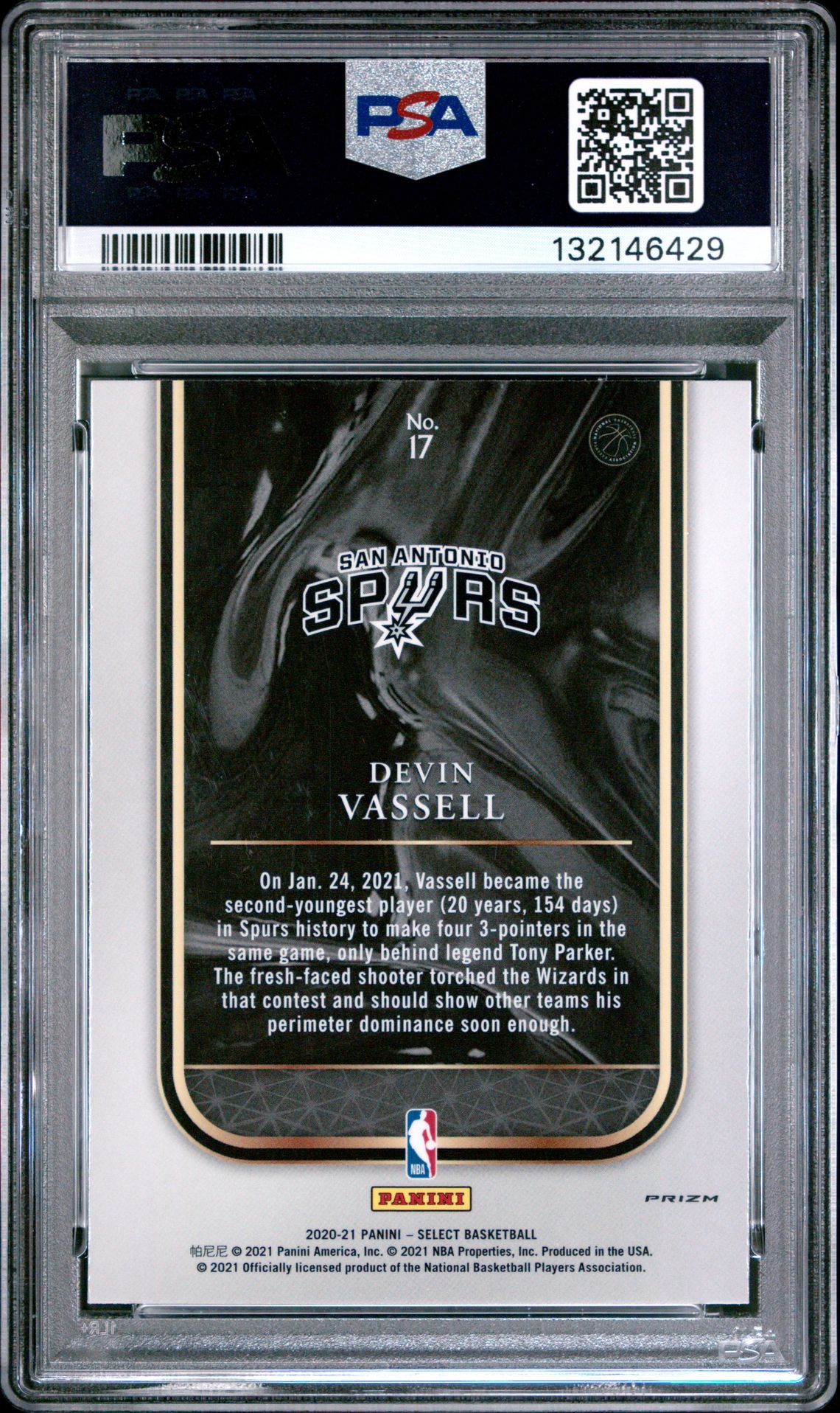 2020 Panini Select Rookie Selections Devin Vassell #17 (Rookie Selections-Blue) Gem Mt 10 back