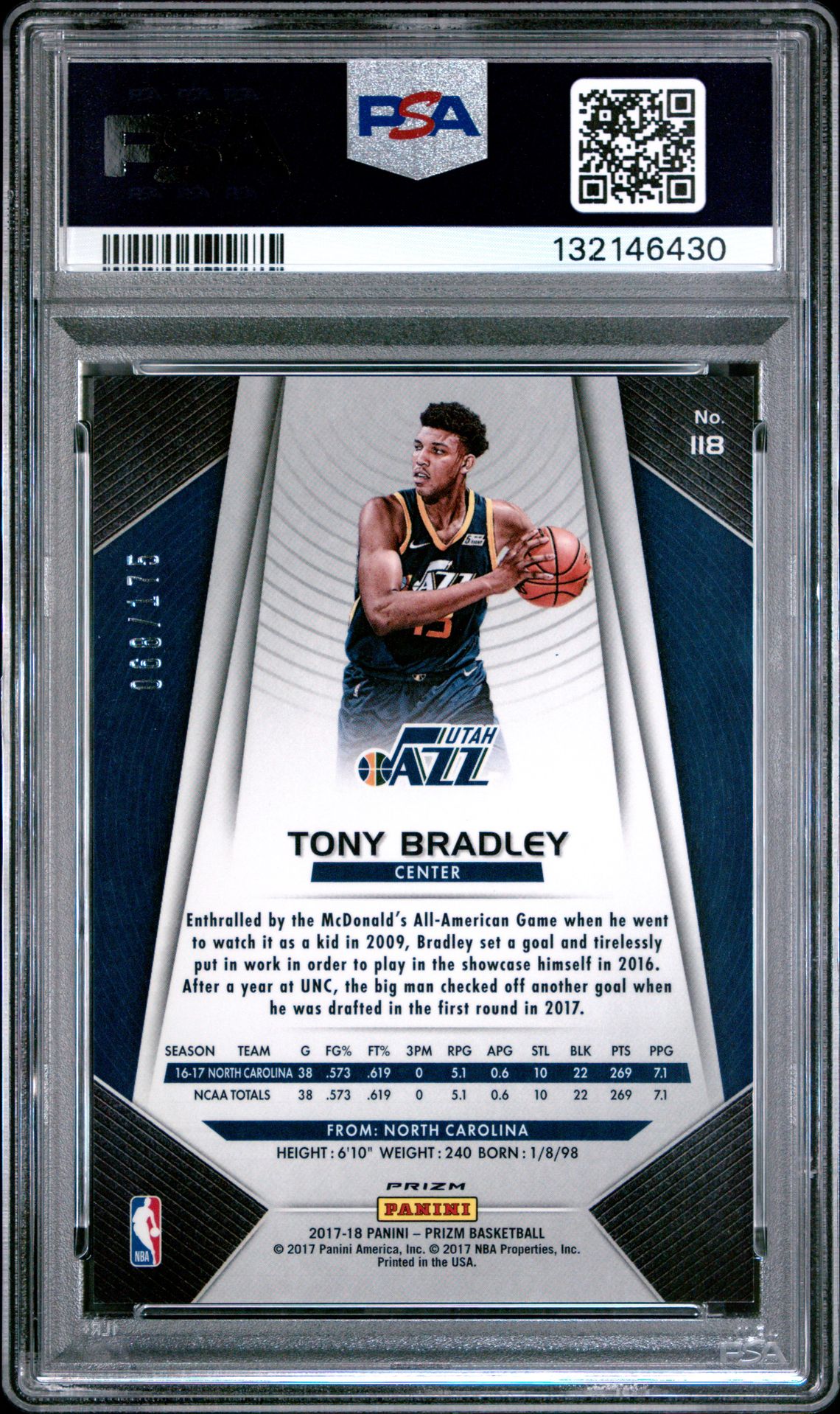 2017 Panini Prizm Tony Bradley #118 (Fast Break Prizm-Blue) Mint 9 back