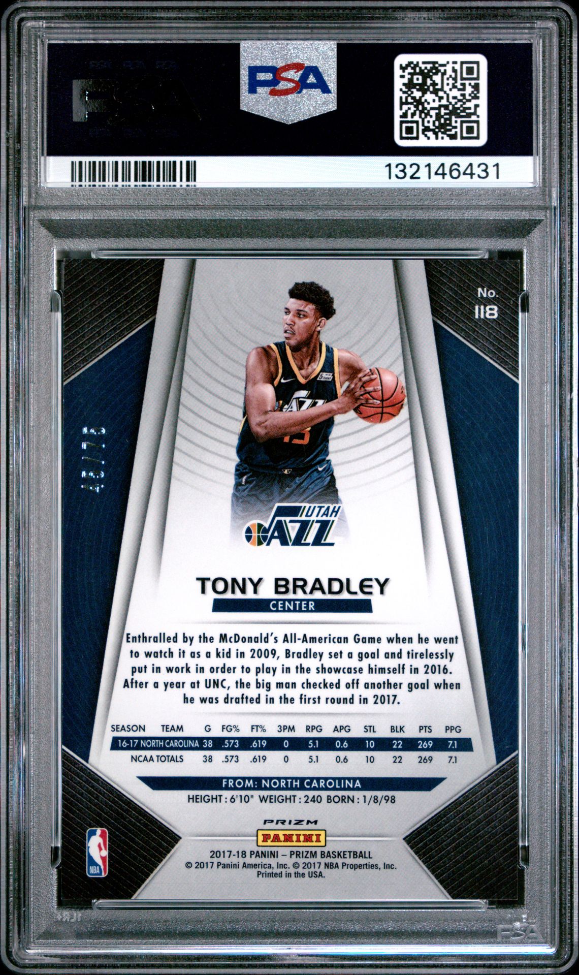 2017 Panini Prizm Tony Bradley #118 (Fast Break Prizm-Purple) Mint 9 back