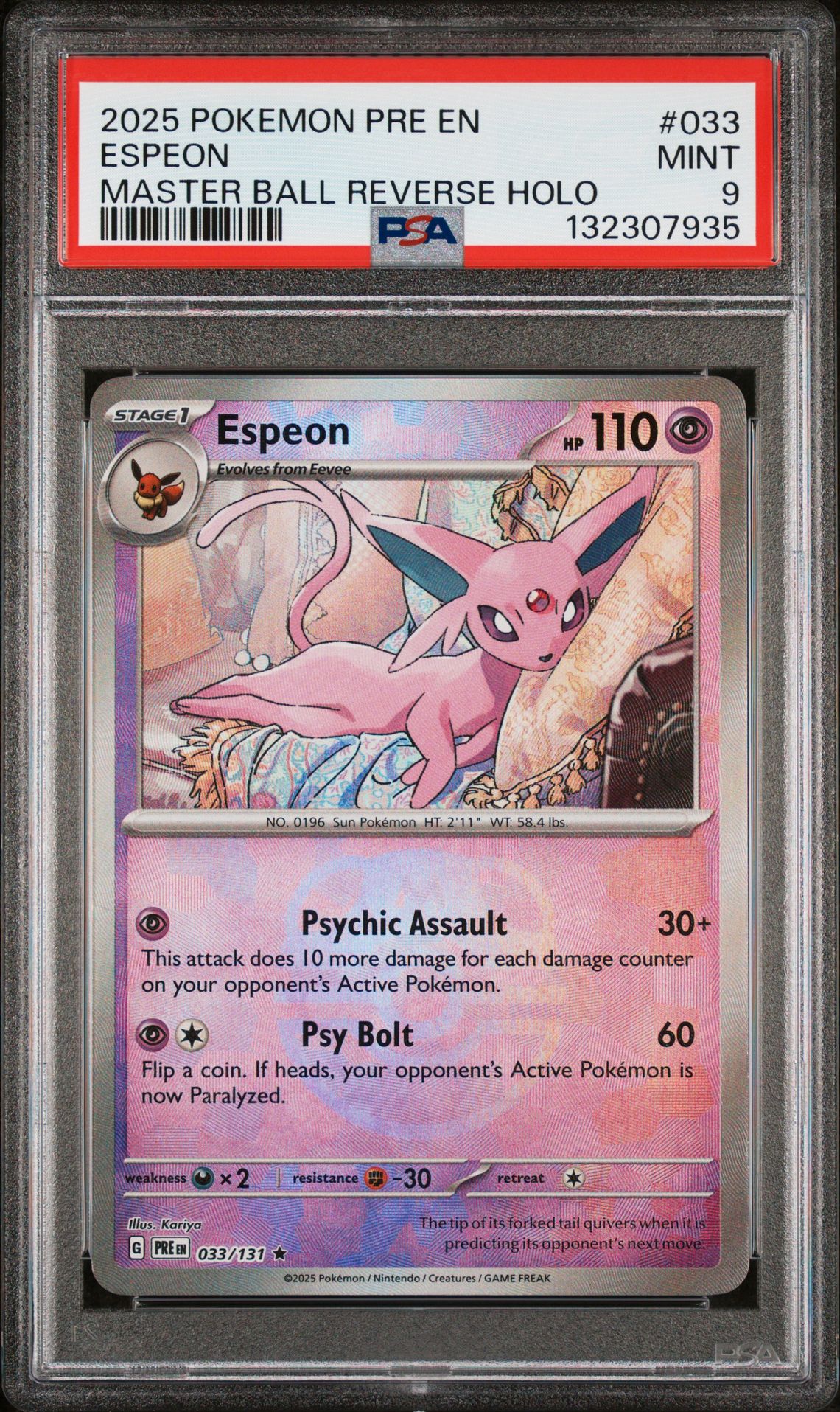 2025 Pokemon Pre En-Prismatic Evolutions Espeon #033 (Master Ball Reverse Holo) Mint 9 front
