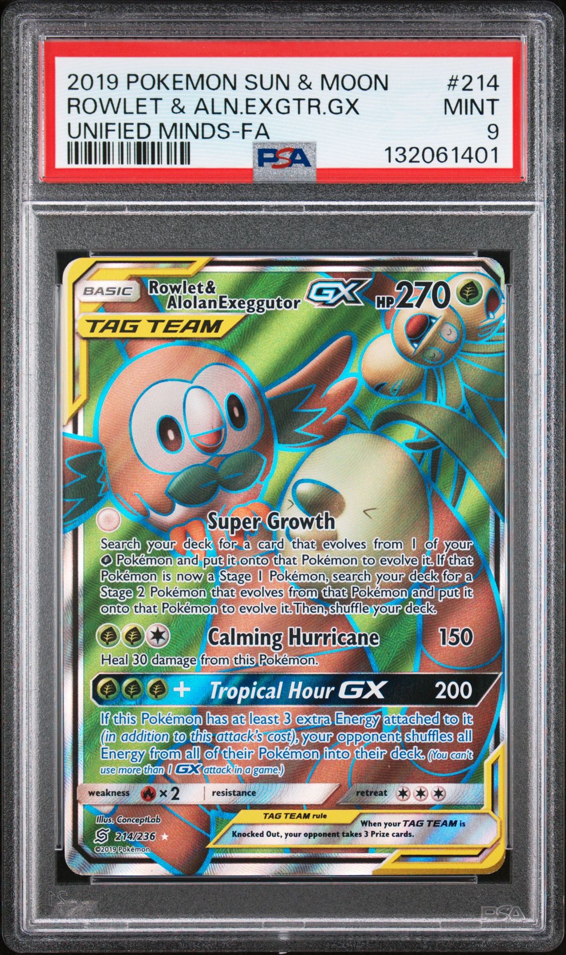 2019 Pokemon Sun & Moon Unified Minds Rowlet & Aln.exgtr.gx #214 (Unified Minds-Fa) Mint 9 front