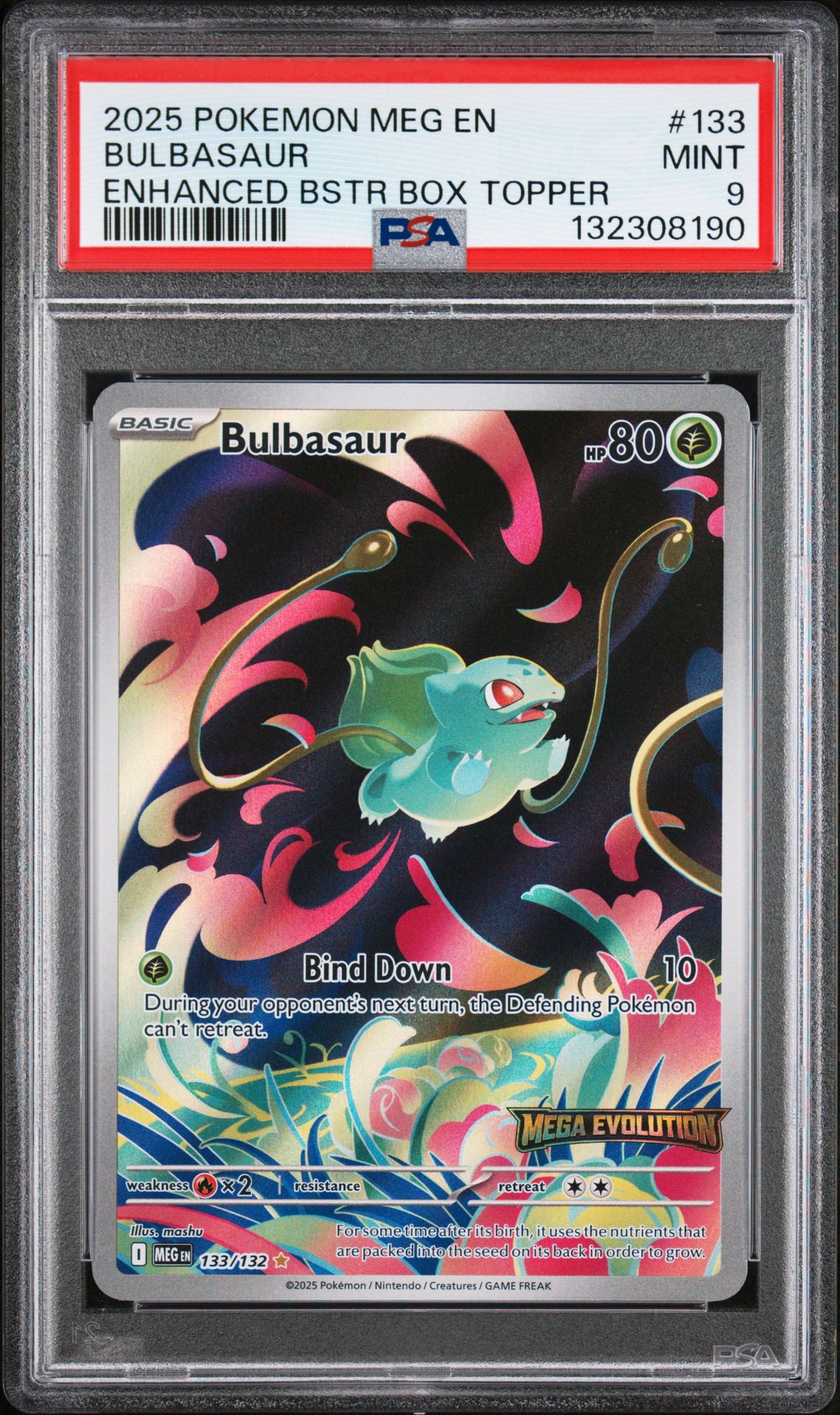 2025 Pokemon Meg En-Mega Evolution Bulbasaur #133 (Enhanced Bstr Box Topper) Mint 9 front