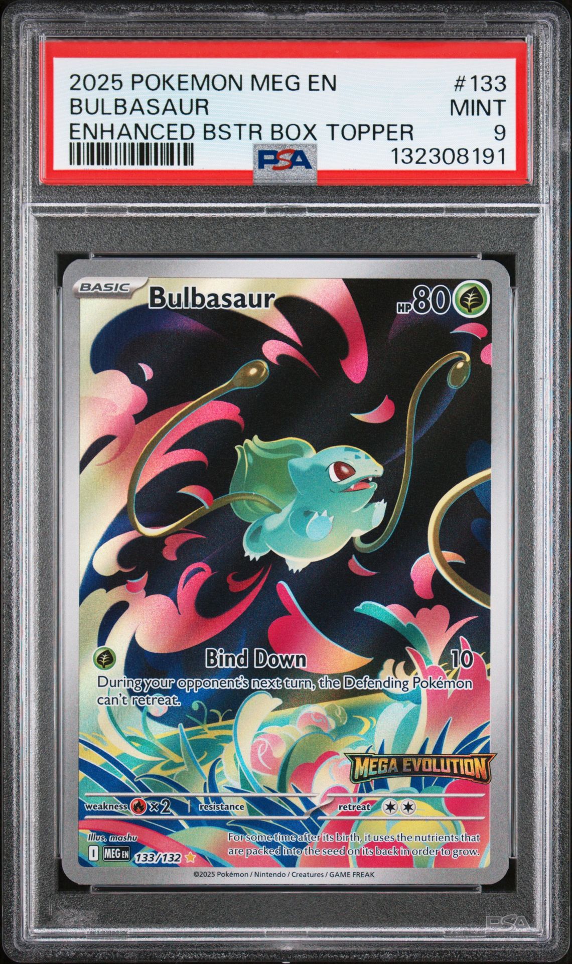2025 Pokemon Meg En-Mega Evolution Bulbasaur #133 (Enhanced Bstr Box Topper) Mint 9 front