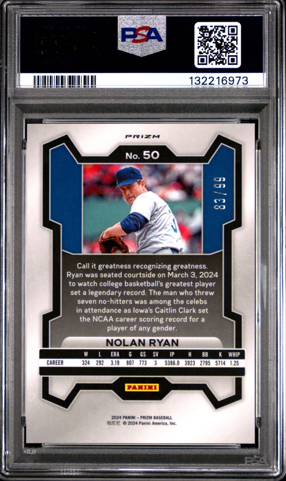 2024 Panini Prizm Nolan Ryan #50 (Purple Prizm) Mint 9 back