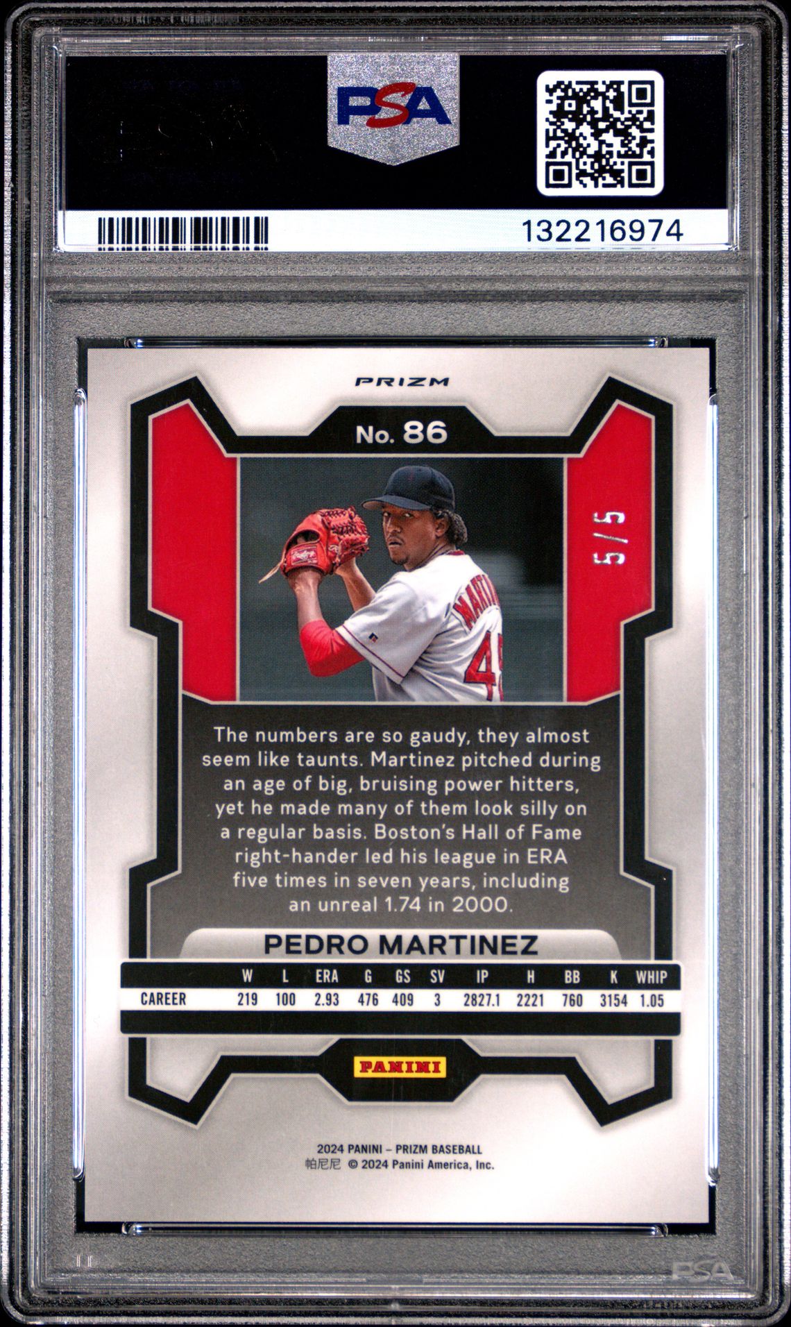2024 Panini Prizm Pedro Martinez #86 (Black Gold Prizm) Gem Mt 10 back view - PSA certificate #132216974