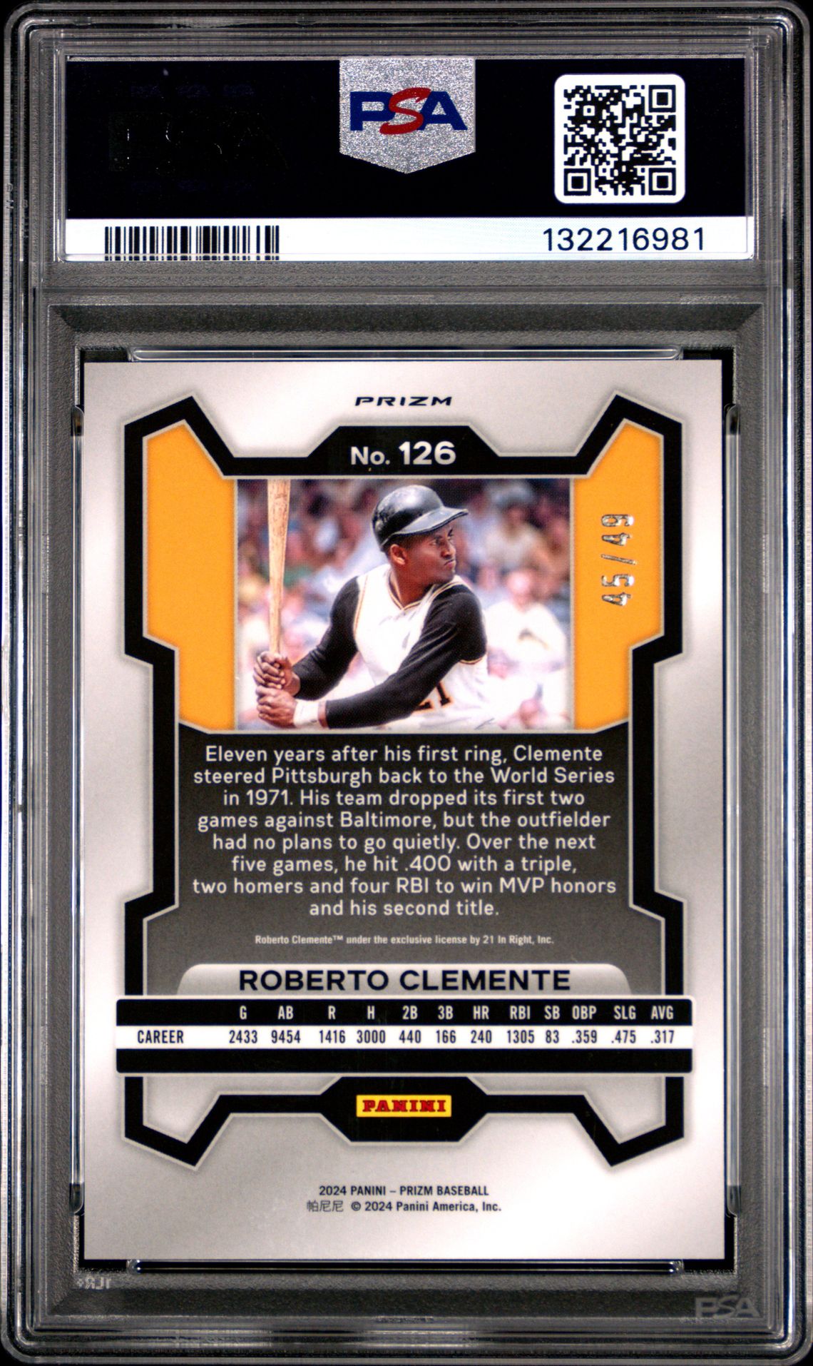 2024 Panini Prizm Roberto Clemente #126 (Orange Wave) Gem Mt 10 back