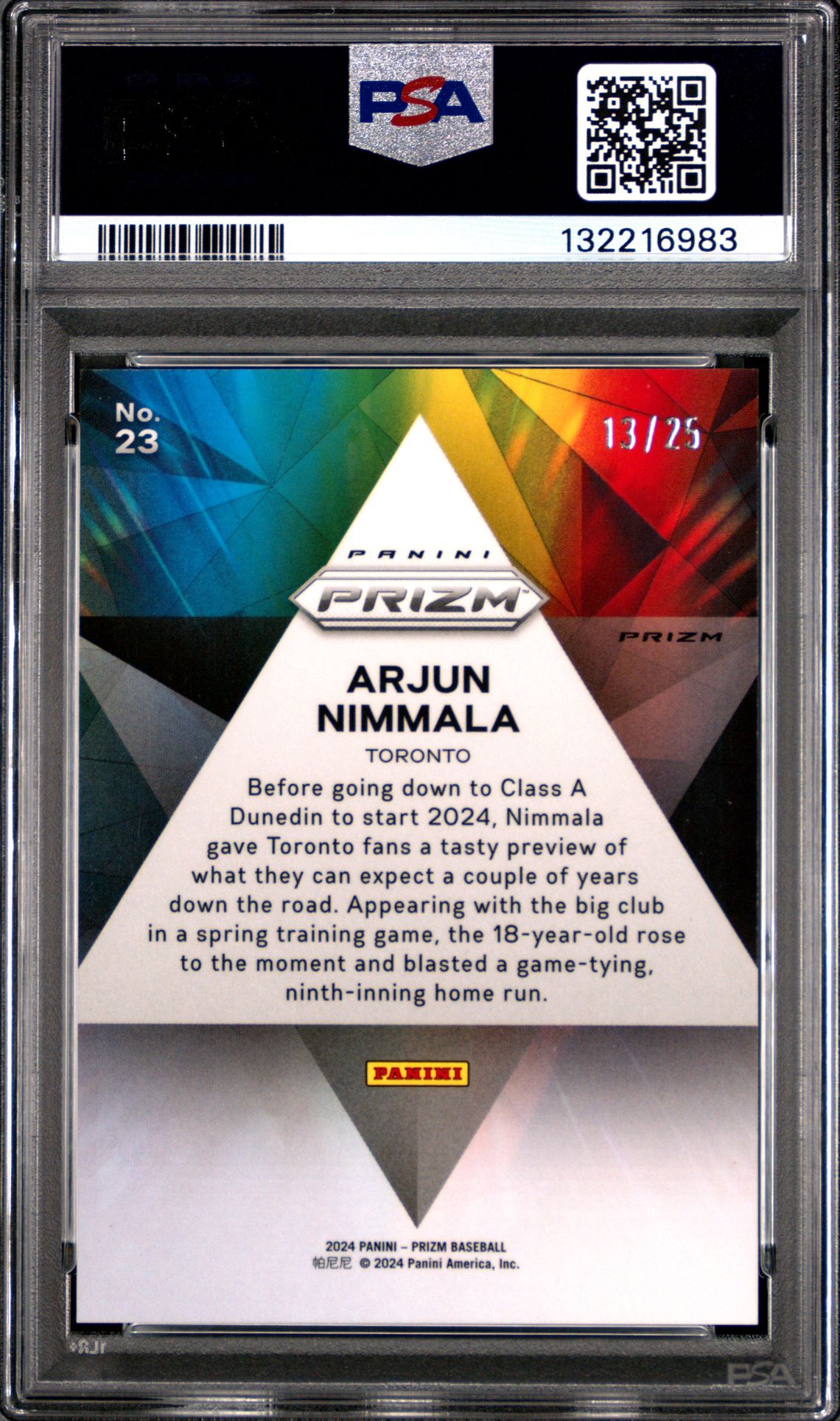 2024 Panini Prizm Prizmatic Arjun Nimmala #23 (Prizmatic-Mojo Prizm) Gem Mt 10 back