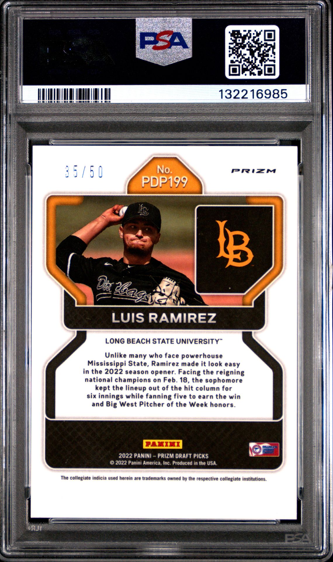 2022 Panini Prizm Draft Picks Luis Ramirez #Pdp199 (Neon Orange) Mint 9 back