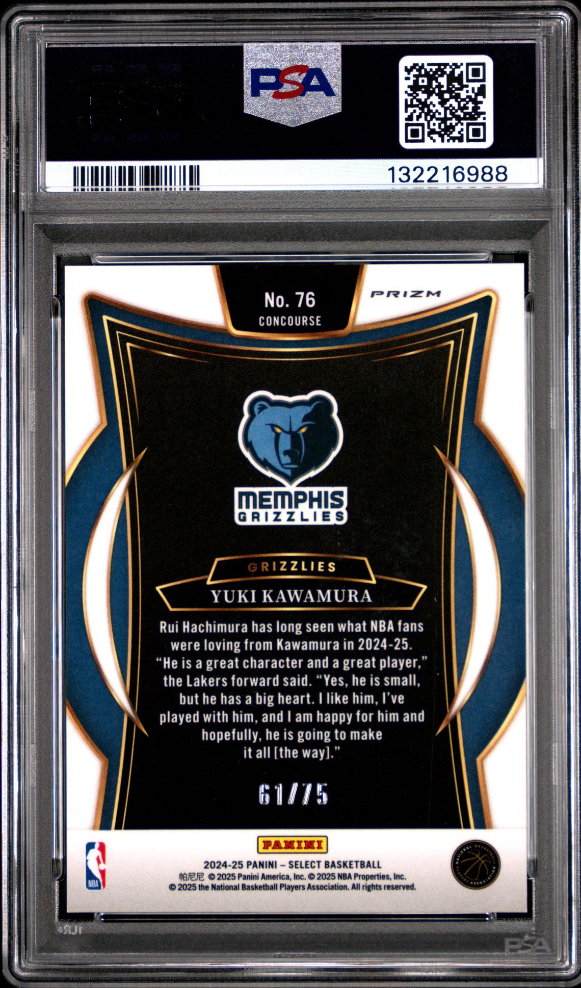 2024 Panini Select Yuki Kawamura #76 (Neon Green Prizm) Gem Mt 10 back