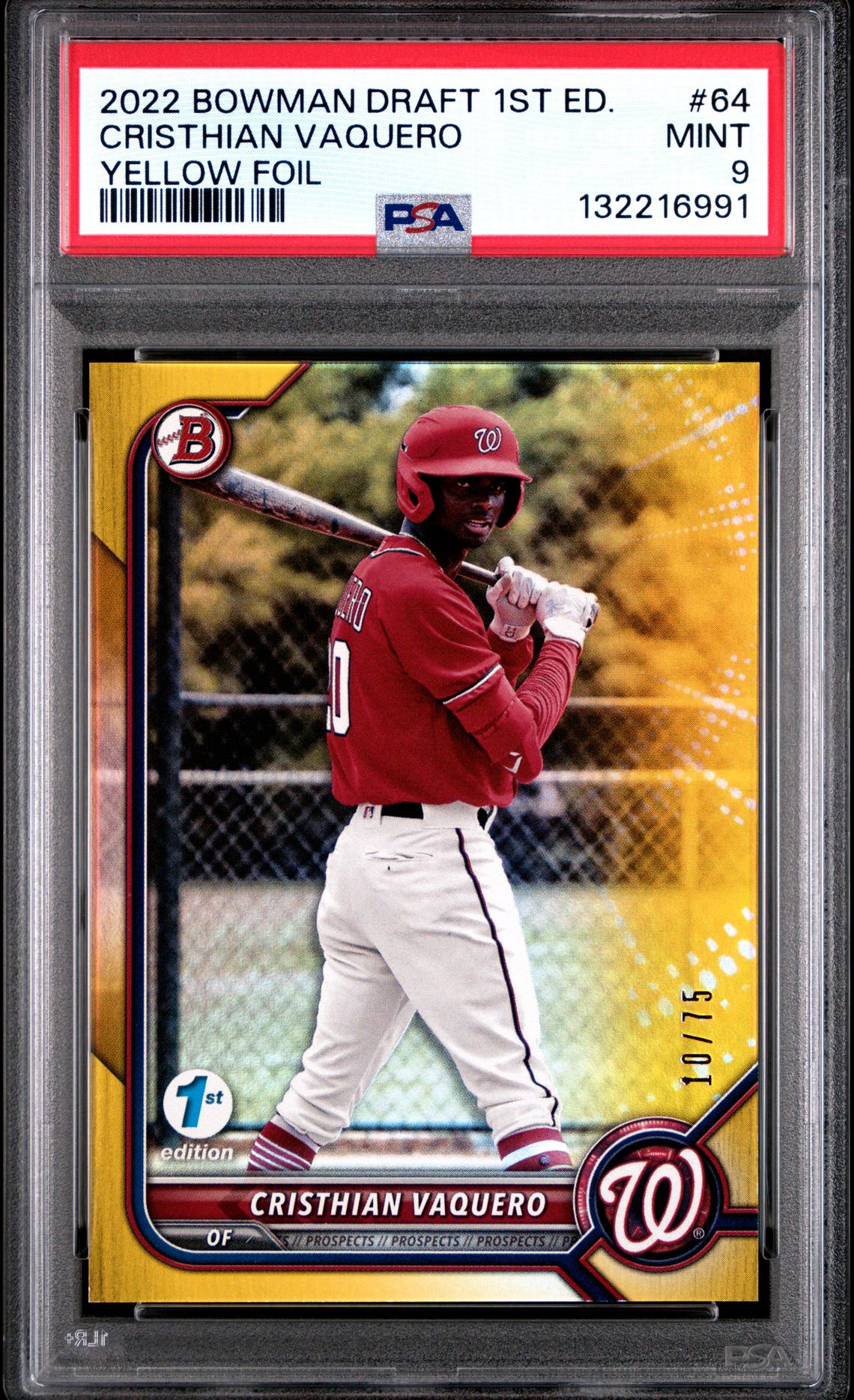 2022 Bowman Draft 1St Edition Cristhian Vaquero #64 (Yellow Foil) Mint 9 front