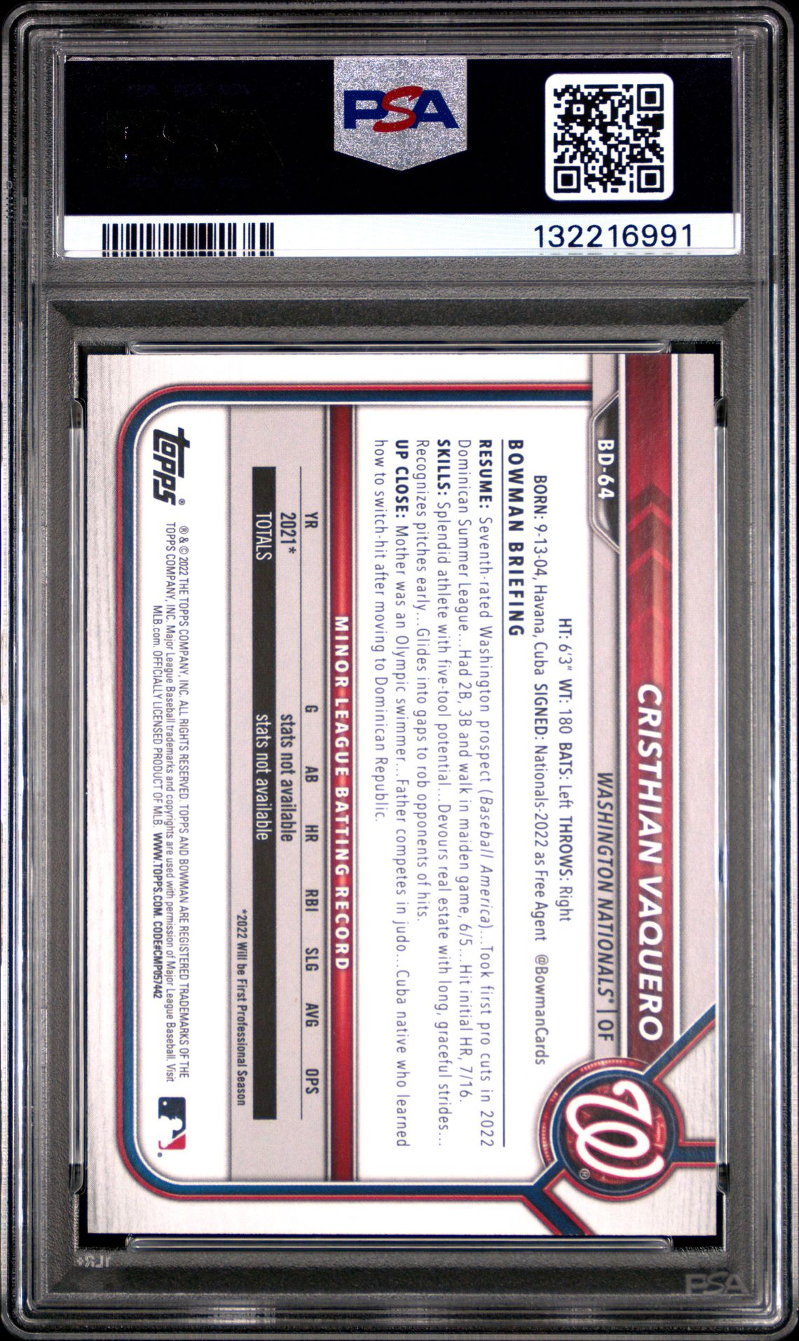 2022 Bowman Draft 1St Edition Cristhian Vaquero #64 (Yellow Foil) Mint 9 back