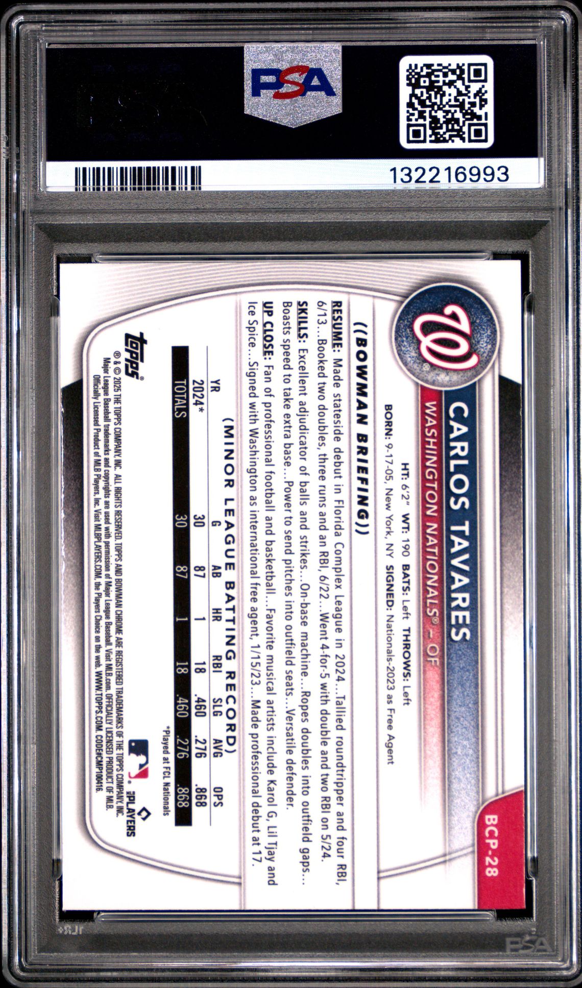 2025 Bowman Chrome Prospects Carlos Tavares #Bcp28 (Chrome Pros-Reptilian Ref) Gem Mt 10 back