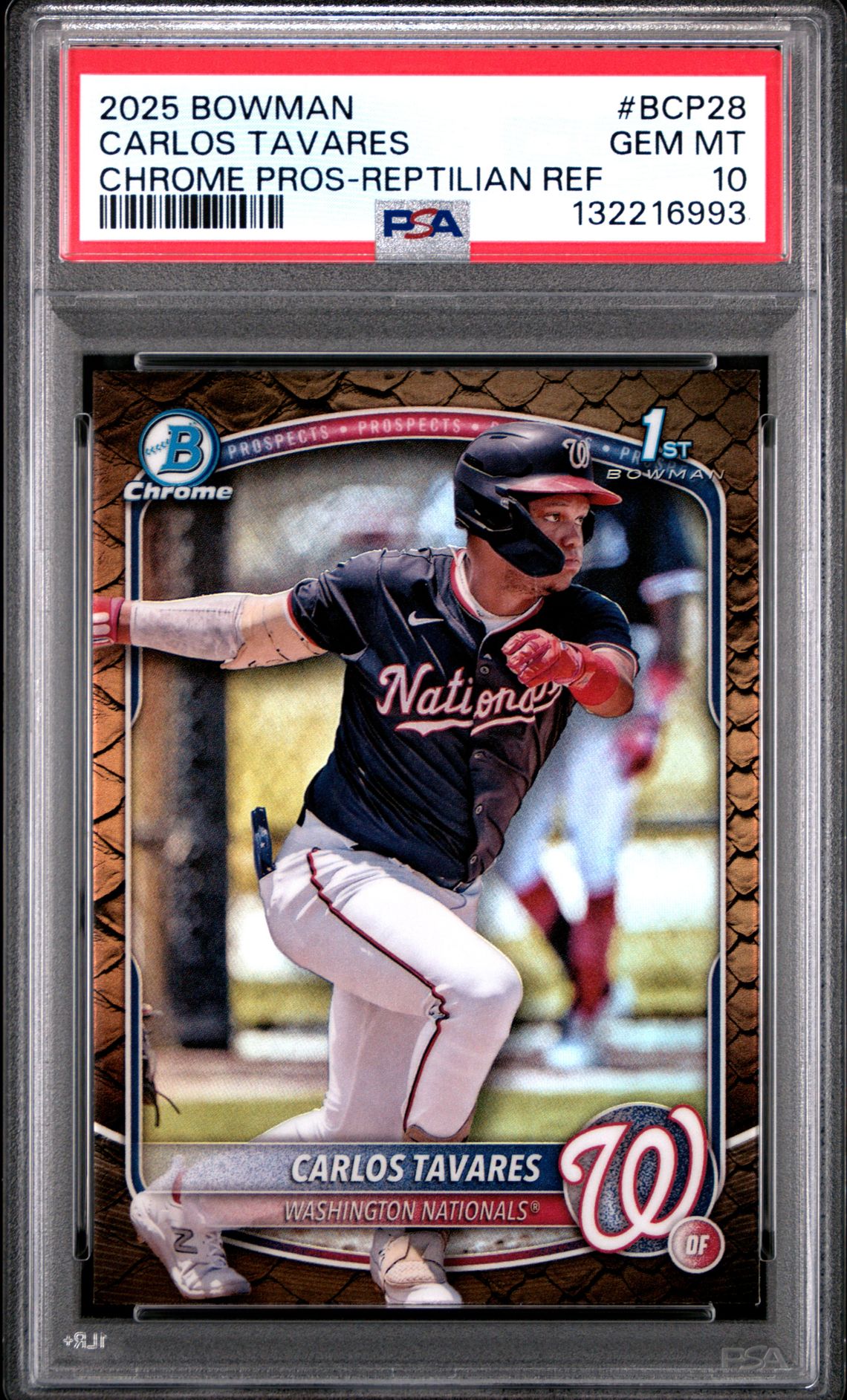 2025 Bowman Chrome Prospects Carlos Tavares #Bcp28 (Chrome Pros-Reptilian Ref) Gem Mt 10 front