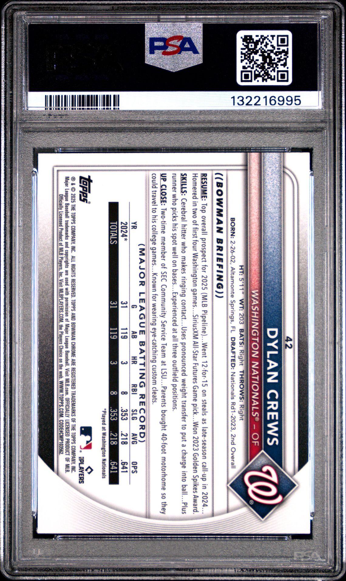 2025 Bowman Mega Box Chrome Prospects Dylan Crews #42 Mint 9 back