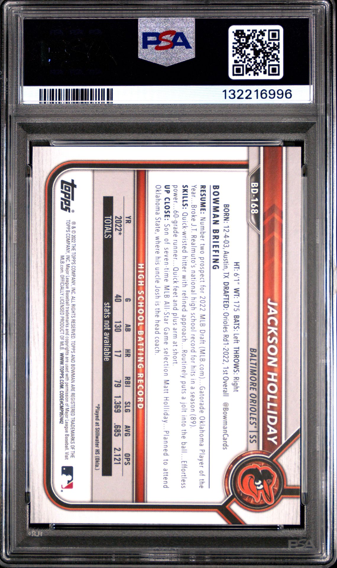 2022 Bowman Draft 1St Edition Jackson Holliday #168 Gem Mt 10 back