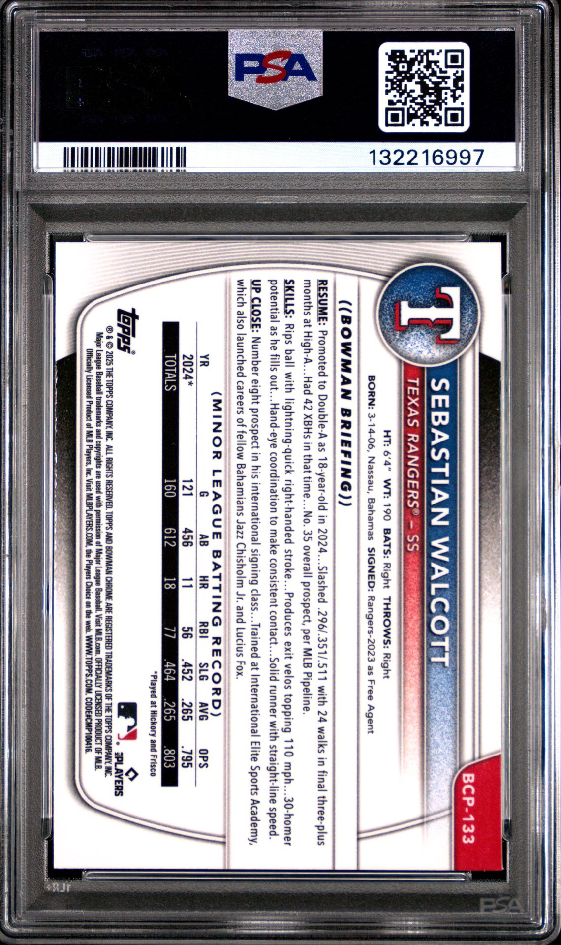 2025 Bowman Chrome Prospects Sebastian Walcott #Bcp133 (Chrome Pros-Reptilian Ref) Mint 9 back